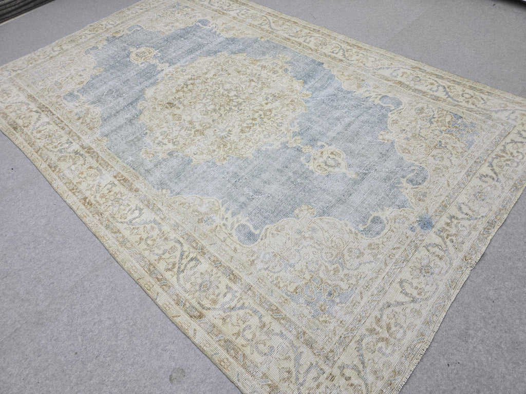 Oushak Rug 7x10, Blue Beige Medallion Antique Turkish Carpet, Faded Muted Handknotted Wool Rug for Living Room Office