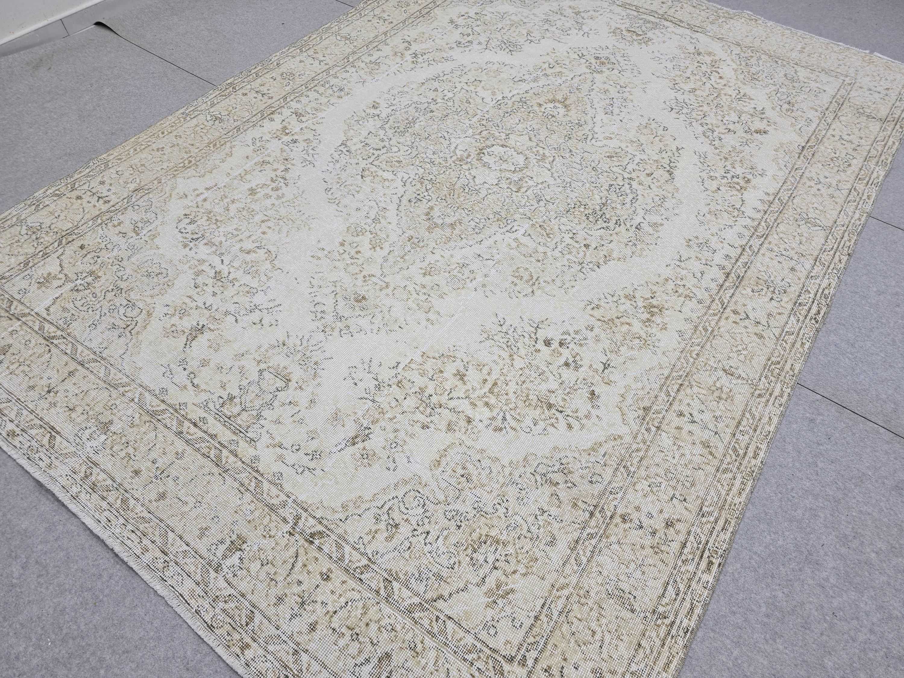Turkish Rug 7x10, Cream Ivory Faded Medallion Carpet, Neutral Beige Distressed Handknotted Wool Rug for Dining Room Office
