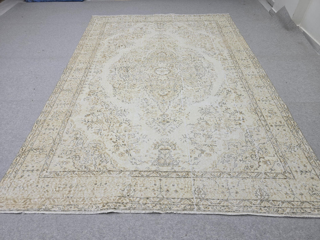 Turkish Rug 7x10, Cream Ivory Faded Medallion Carpet, Neutral Beige Distressed Handknotted Wool Rug for Dining Room Office