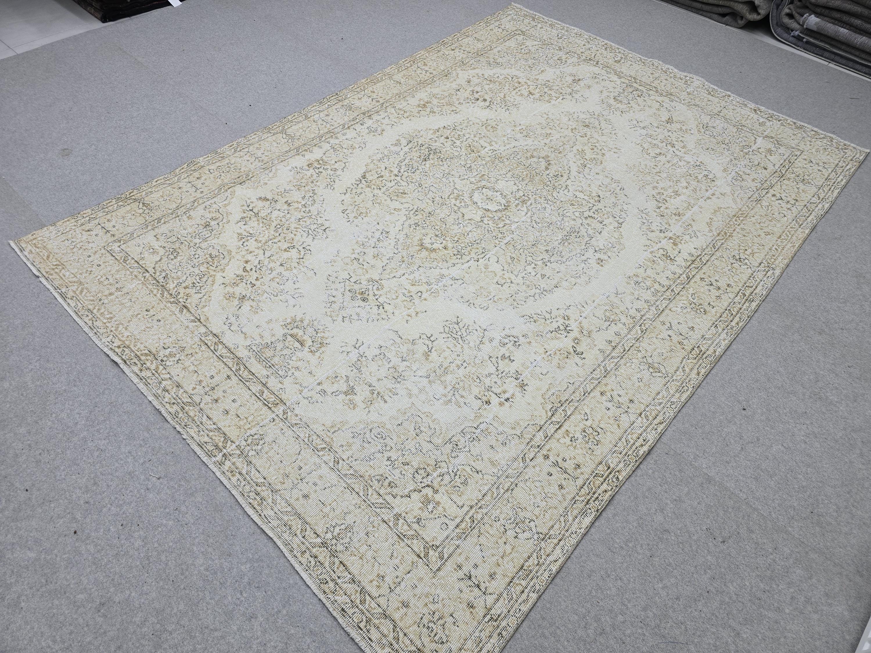 Turkish Rug 7x10, Cream Ivory Faded Medallion Carpet, Neutral Beige Distressed Handknotted Wool Rug for Dining Room Office