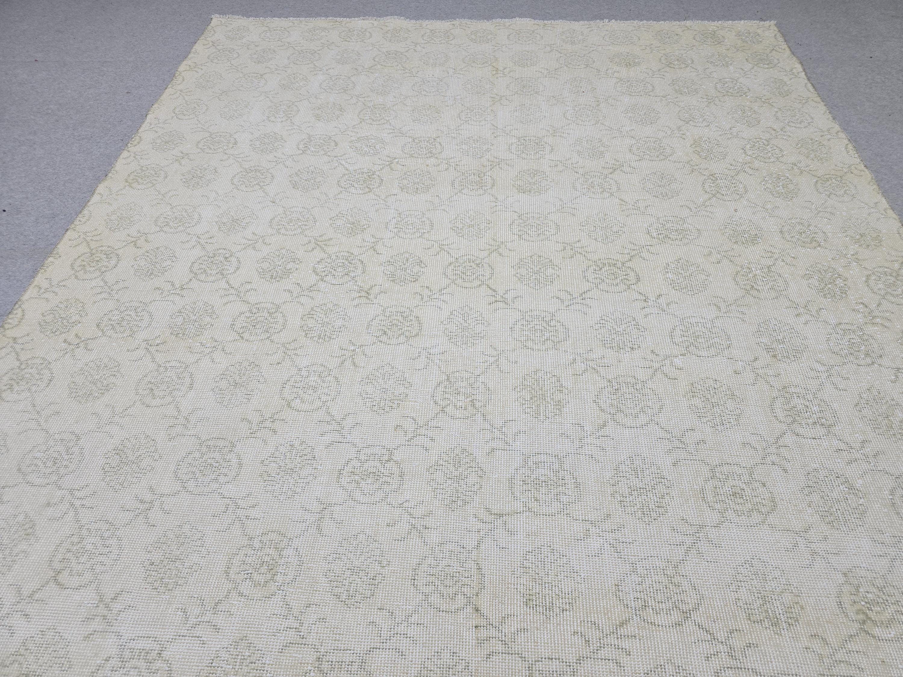 7x11 Turkish Rug Vintage Oushak Carpet Ivory Floral Wool Area Rug Handknotted Living Room Bedroom Office Decor