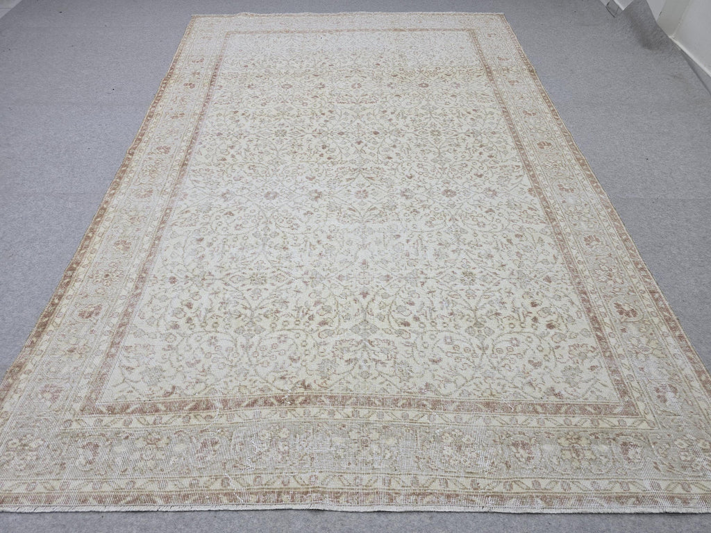 Oushak Rug 7x10, Cream Terracotta Floral Turkish Carpet, Muted Rust Beige Handknotted Wool Area Rug for Dining Room Living Room