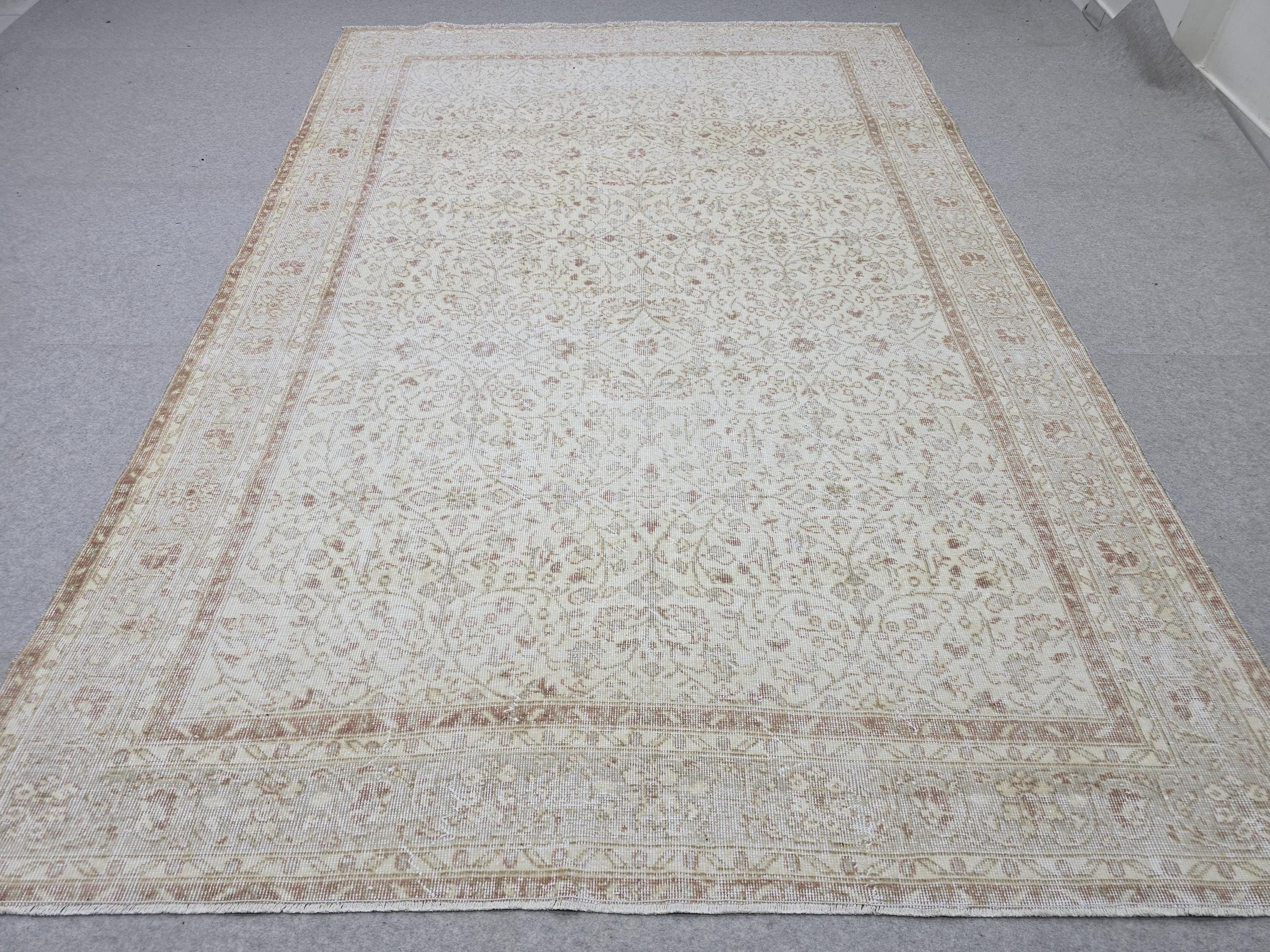 Oushak Rug 7x10, Cream Terracotta Floral Turkish Carpet, Muted Rust Beige Handknotted Wool Area Rug for Dining Room Living Room