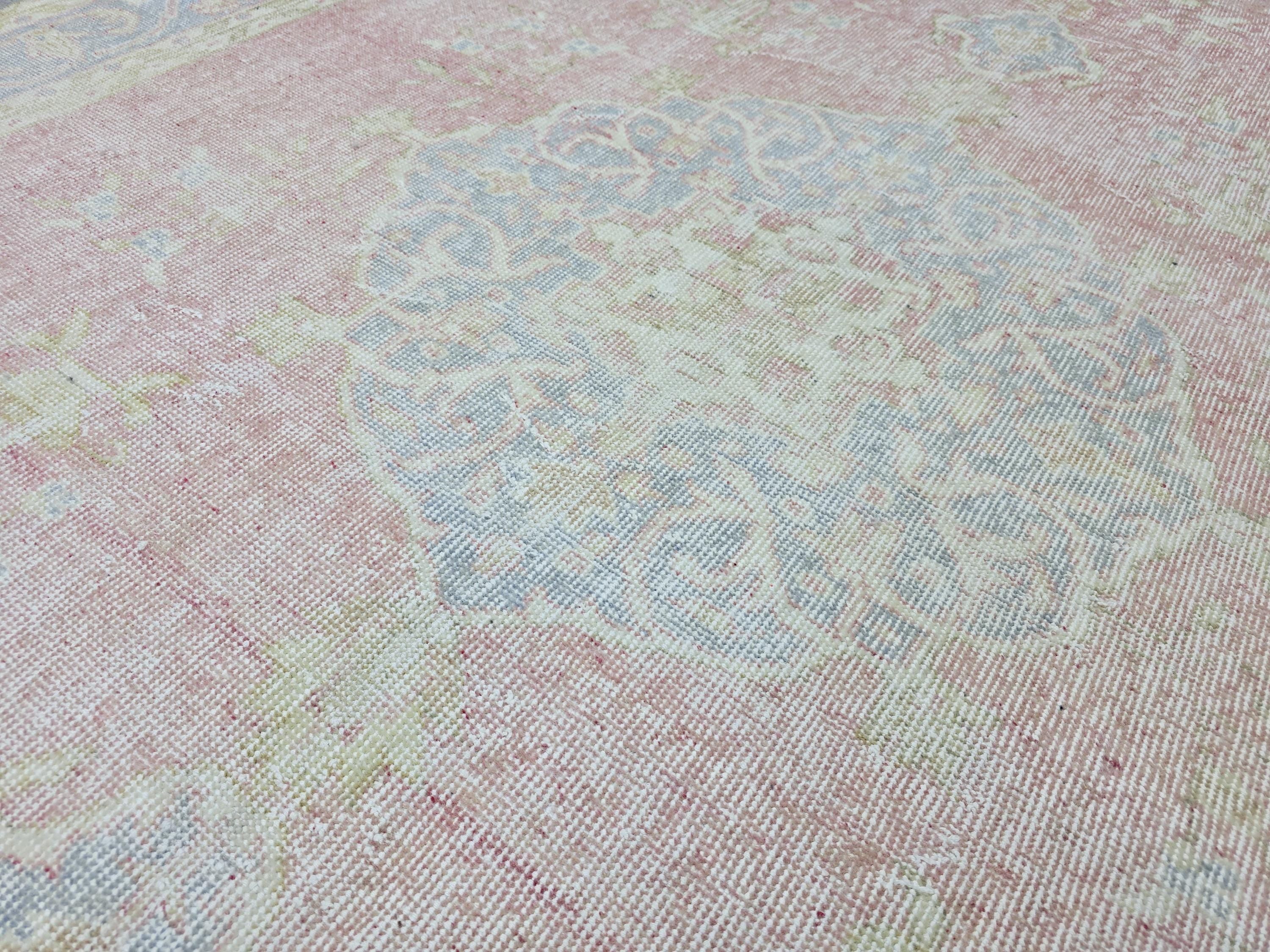 Persian Style Rug 6x9, Pink Blue Medallion Vintage Carpet, Faded Rose Pastel Handknotted Wool Area Rug for Bedroom Nursery