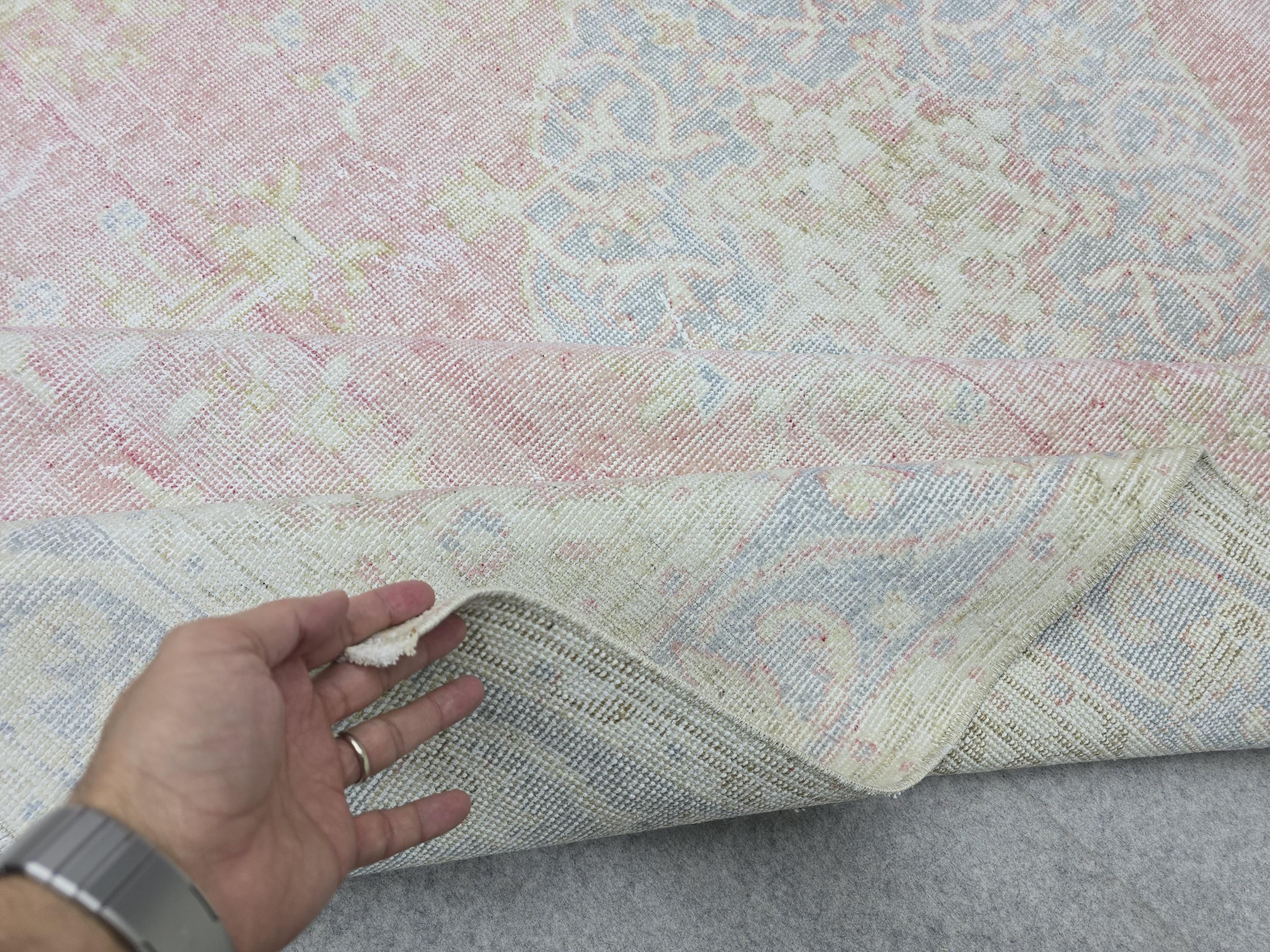 Persian Style Rug 6x9, Pink Blue Medallion Vintage Carpet, Faded Rose Pastel Handknotted Wool Area Rug for Bedroom Nursery