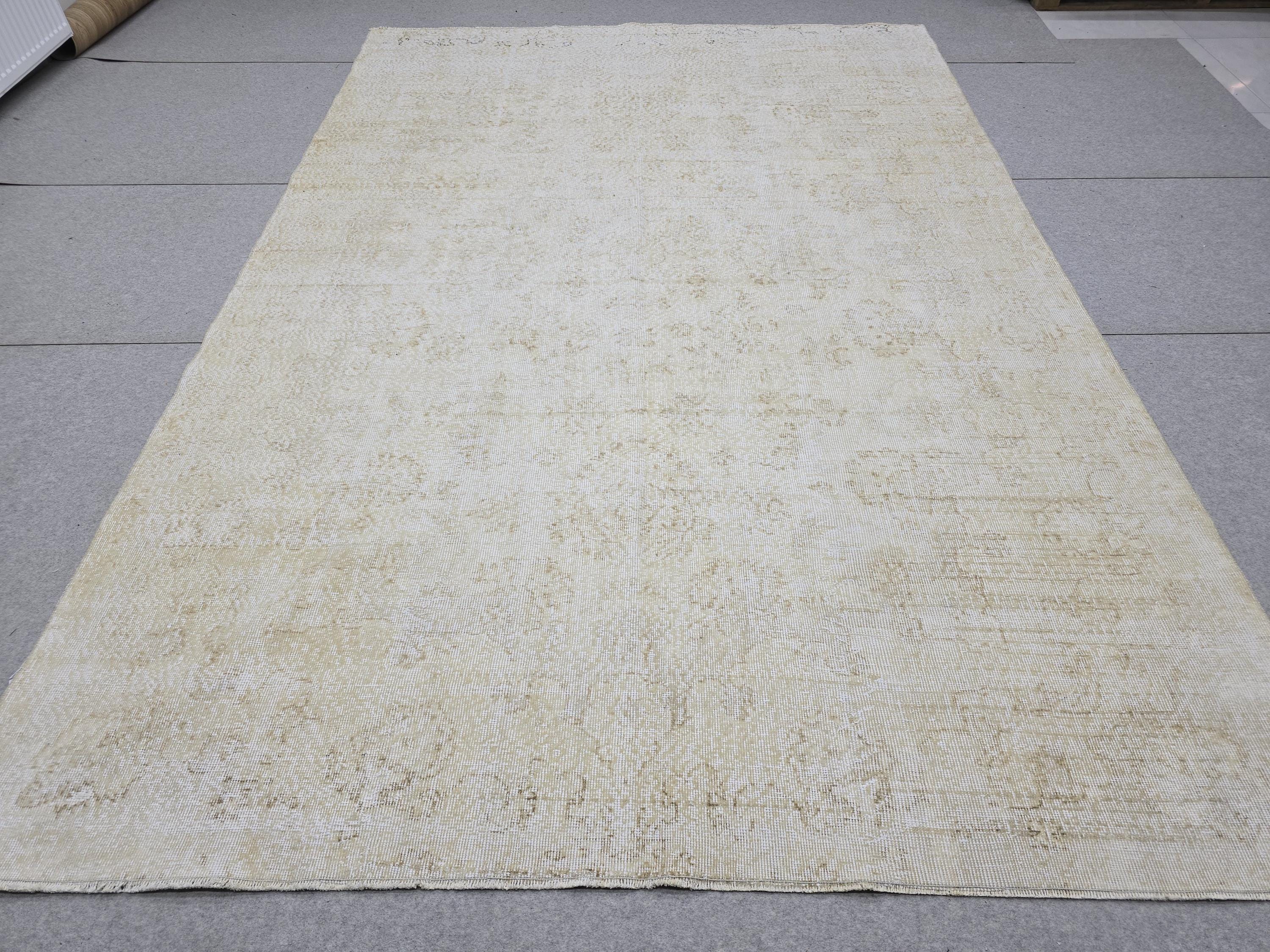 Turkish Rug 7x10, Cream Beige Faded Oushak Carpet, Muted Handknotted Wool Area Rug for Living Room Dining Room