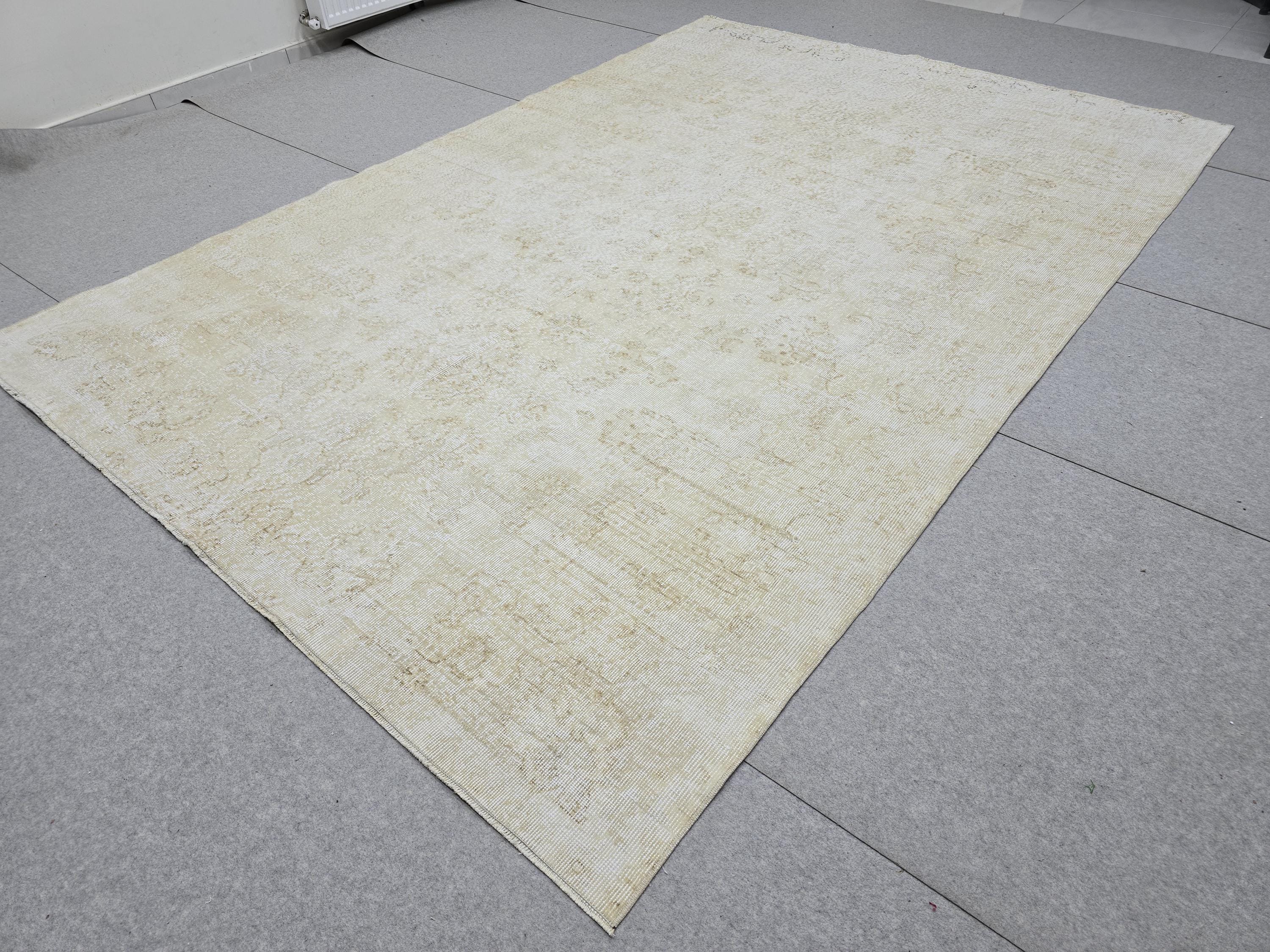 Turkish Rug 7x10, Cream Beige Faded Oushak Carpet, Muted Handknotted Wool Area Rug for Living Room Dining Room