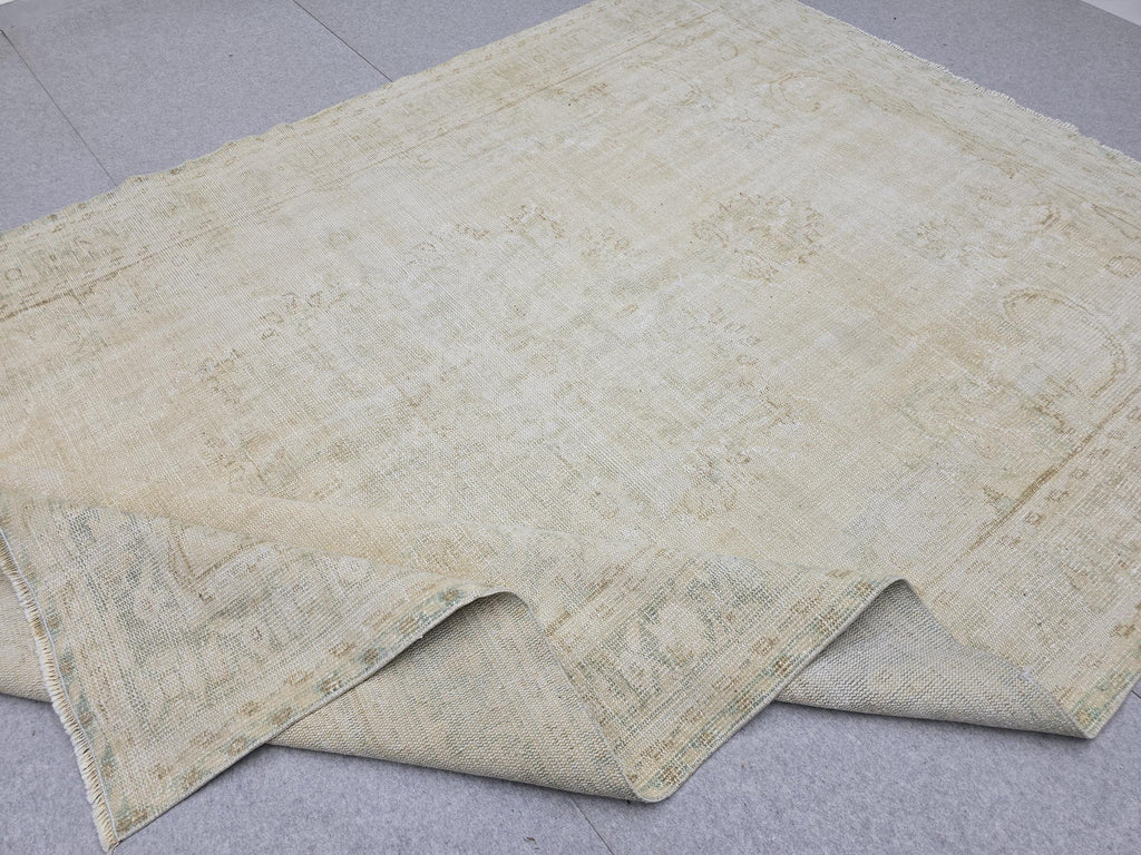 Vintage Rug 7x10, Hand Knotted Wool Oushak Area Rug Large Neutral