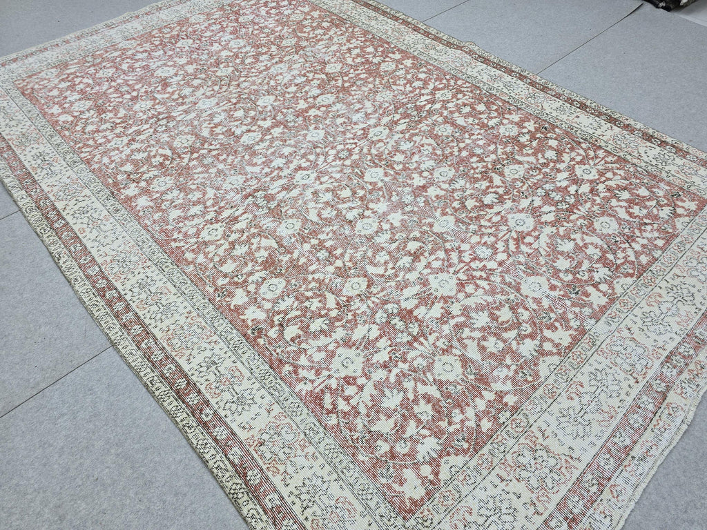 Hand Knotted Oushak Rug: 7x10 ft. Faded Muted terracotta red  Anatolian Carpet