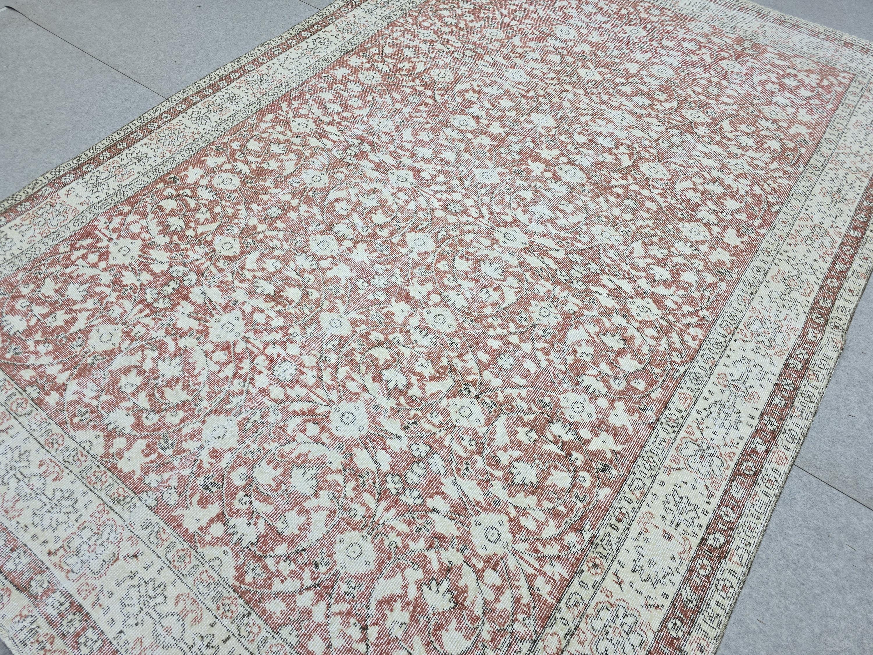 Hand Knotted Oushak Rug: 7x10 ft. Faded Muted terracotta red  Anatolian Carpet