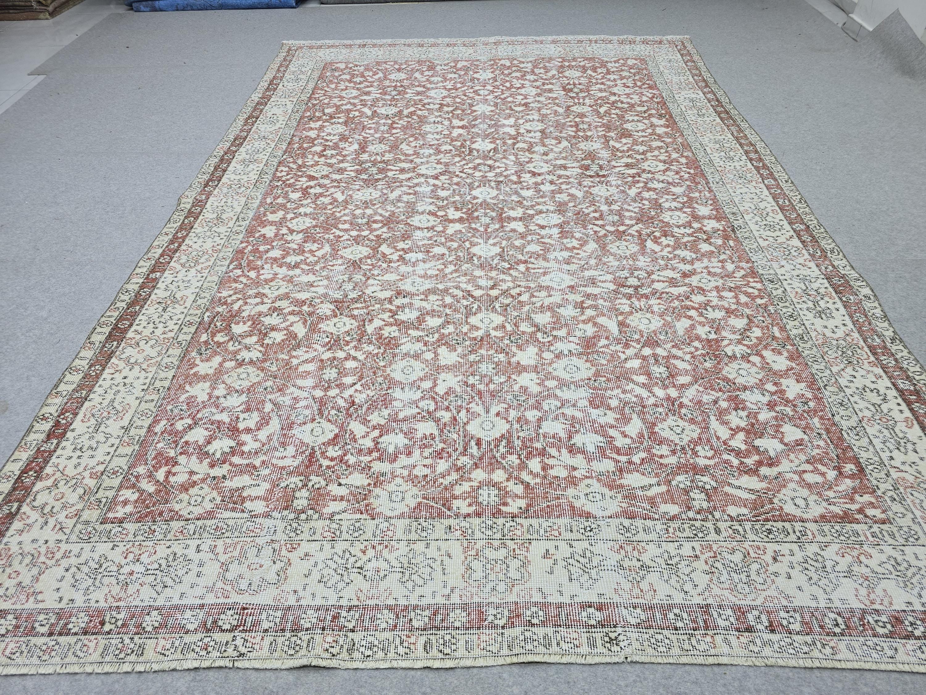 Hand Knotted Oushak Rug: 7x10 ft. Faded Muted terracotta red  Anatolian Carpet