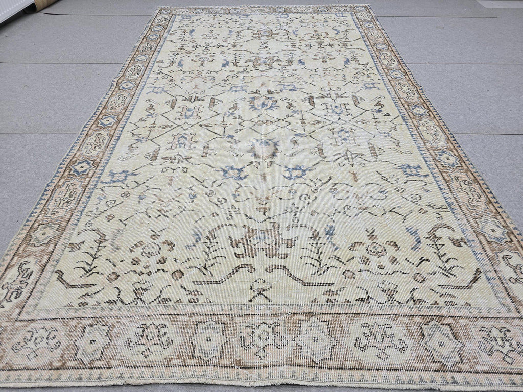 Vintage Turkish Oushak Rug 6x9, Hand Knotted Cream Blue Floral Carpet