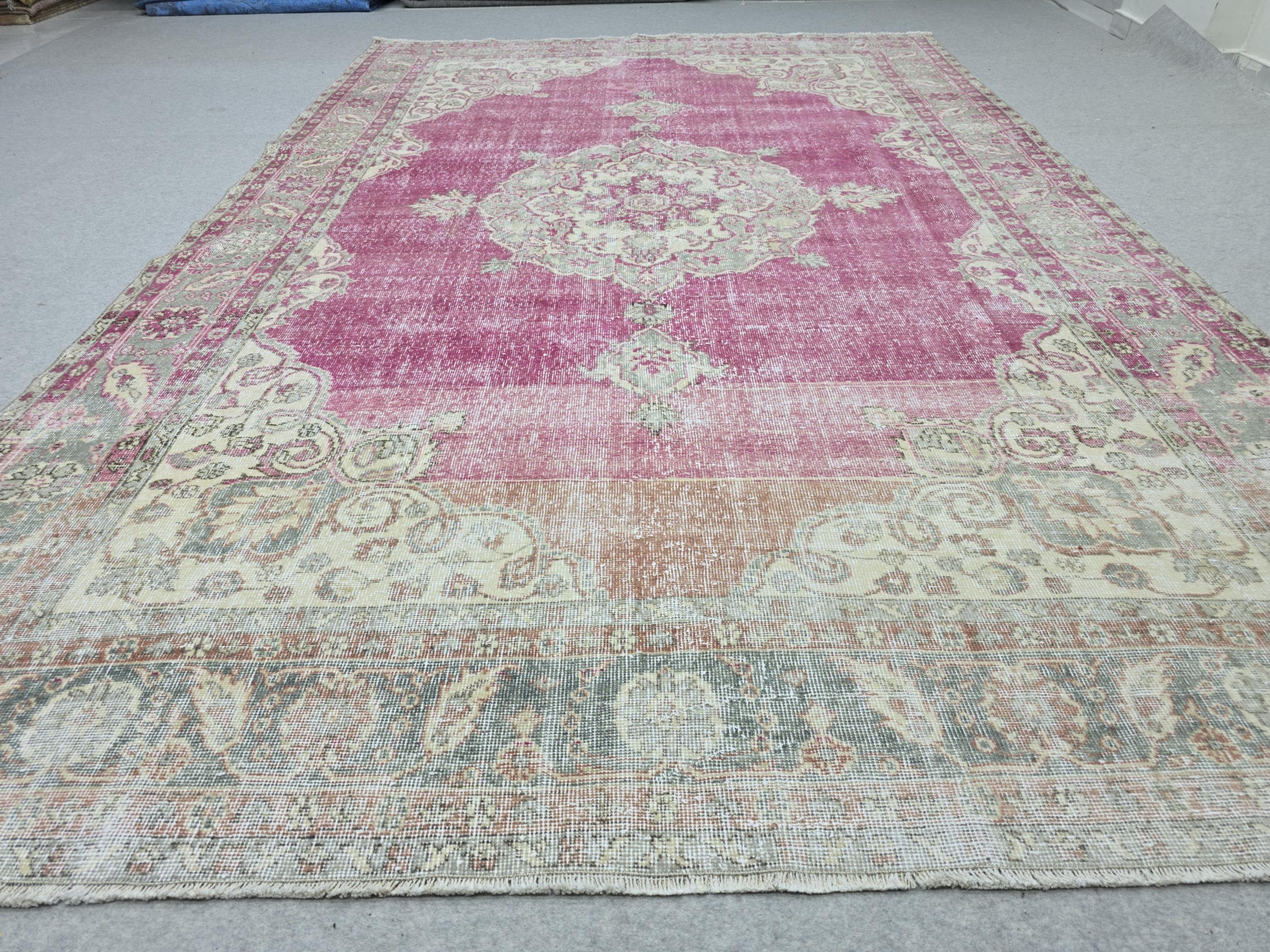 Vintage Turkish Oushak Rug: 7x11 Pink Floral Wool Carpet