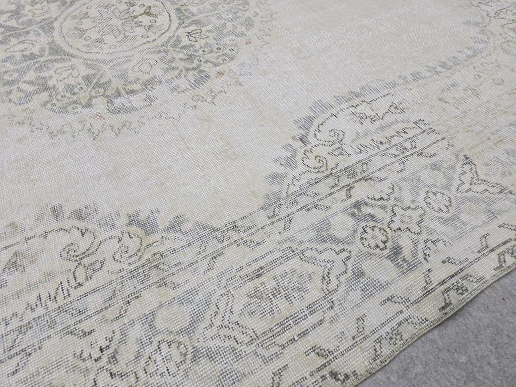 7x10 Oushak Rug Neutral Beige | Vintage Turkish Wool Medallion | Cream Living Room Carpet