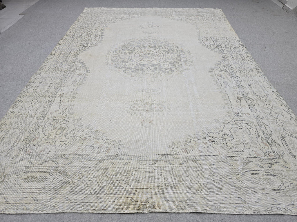 7x10 Oushak Rug Neutral Beige | Vintage Turkish Wool Medallion | Cream Living Room Carpet