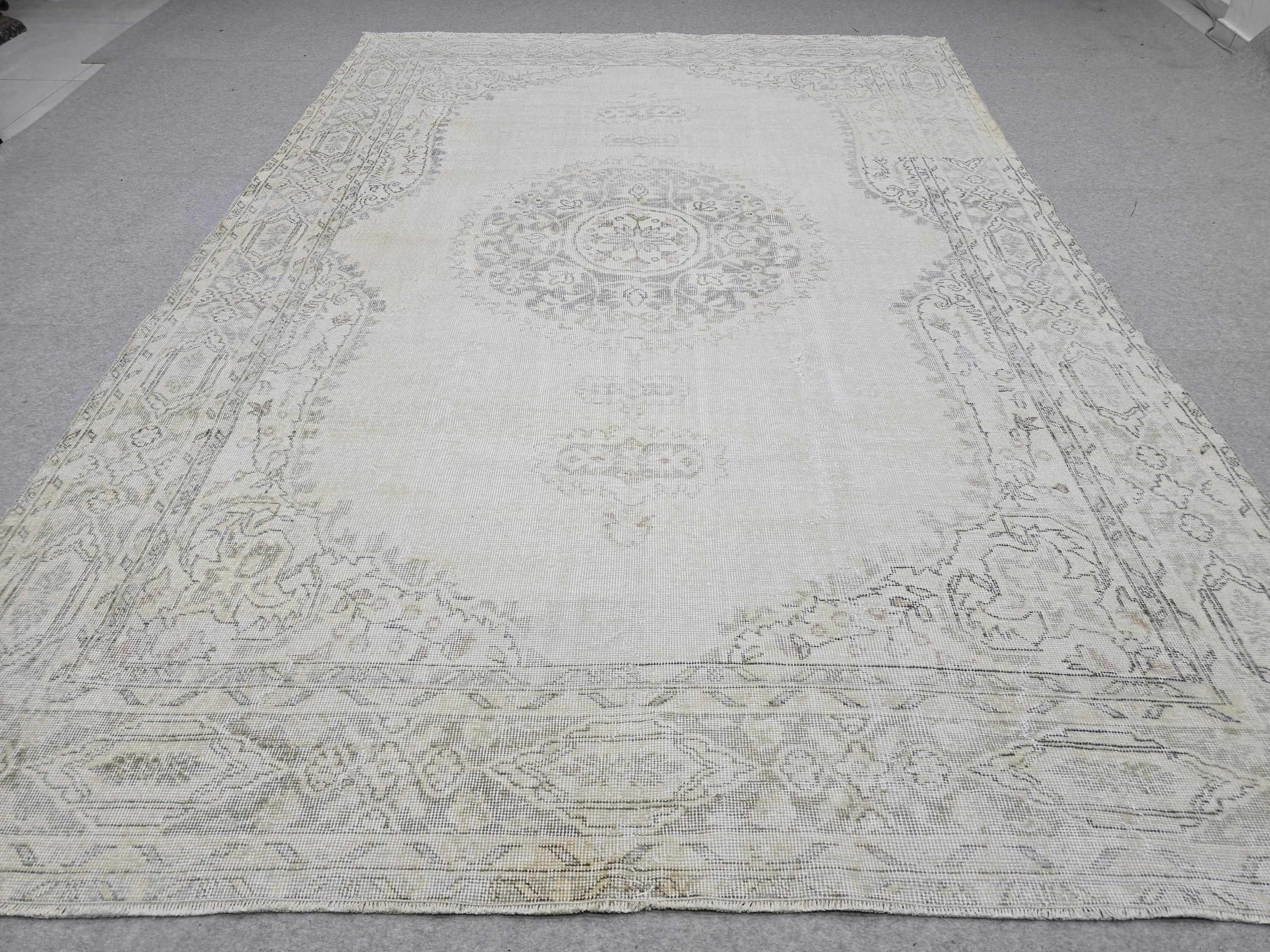 7x10 Oushak Rug Neutral Beige | Vintage Turkish Wool Medallion | Cream Living Room Carpet