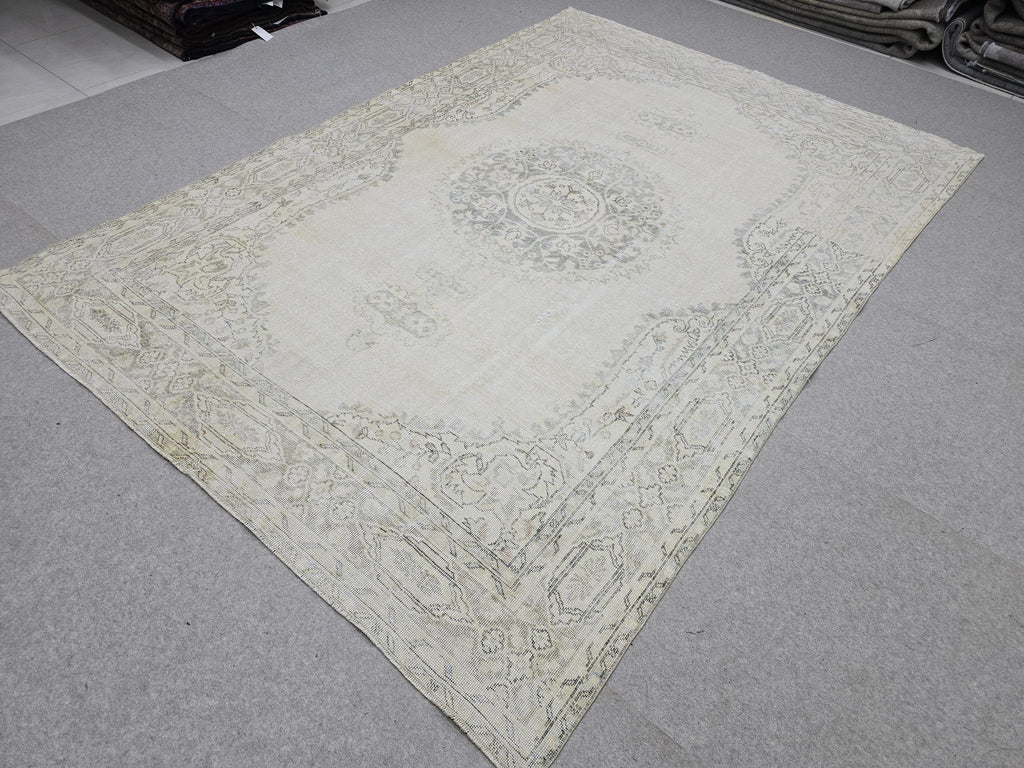 7x10 Oushak Rug Neutral Beige | Vintage Turkish Wool Medallion | Cream Living Room Carpet