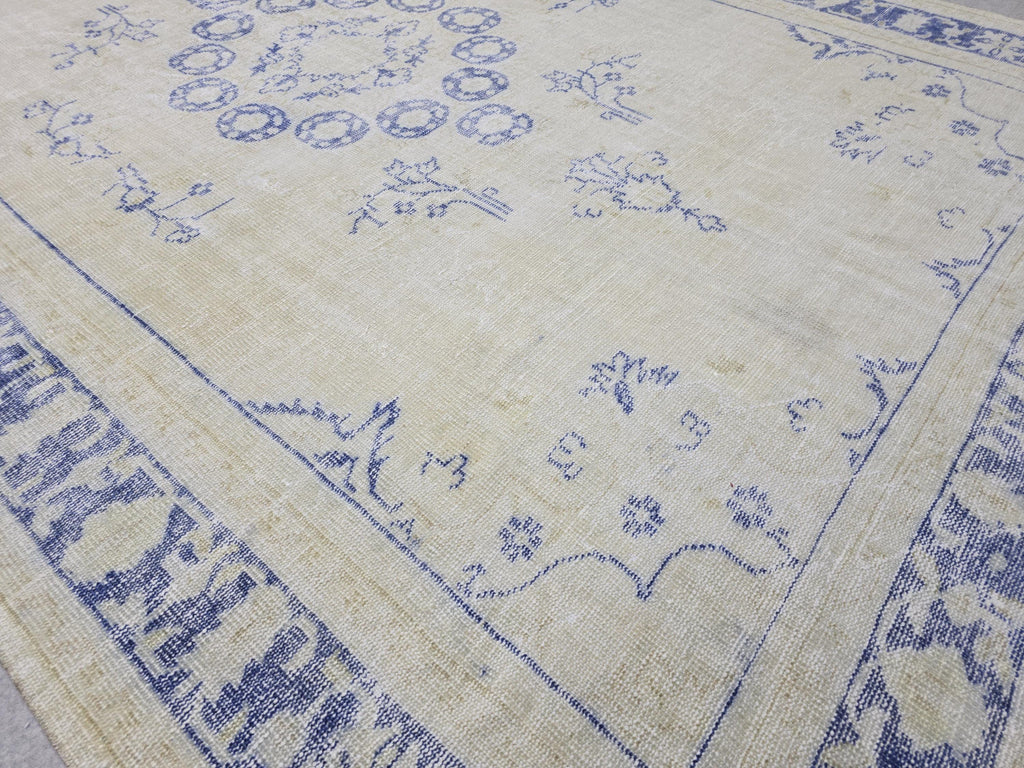 8x11 ft Hand-Knotted Turkish Oushak Rug: Neutral Wool Saloon Carpet Beige Blue