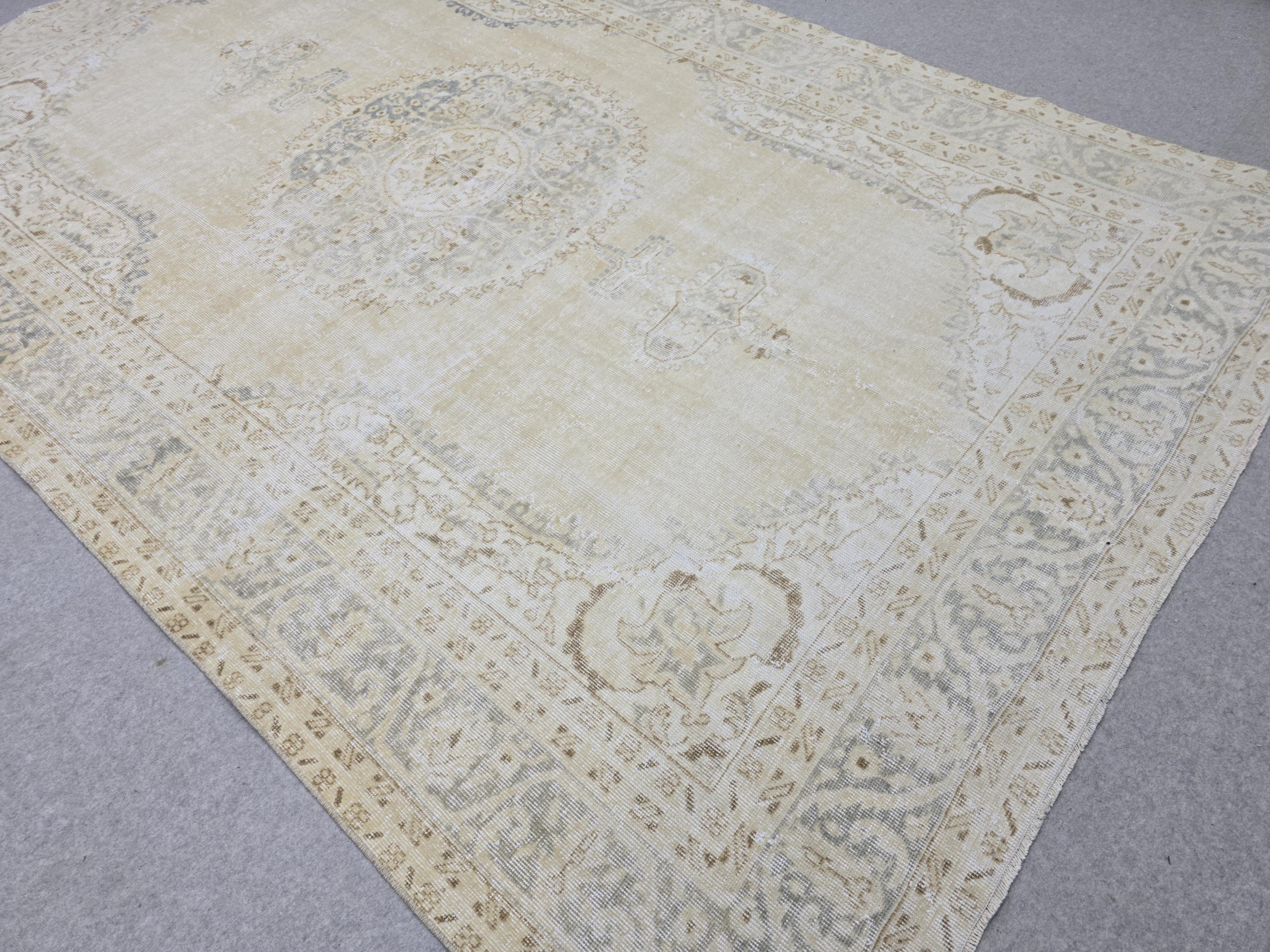 Oushak Rug 7x10, Beige Medallion Antique Turkish Carpet, Faded Muted Handknotted Wool Rug for Living Room Office