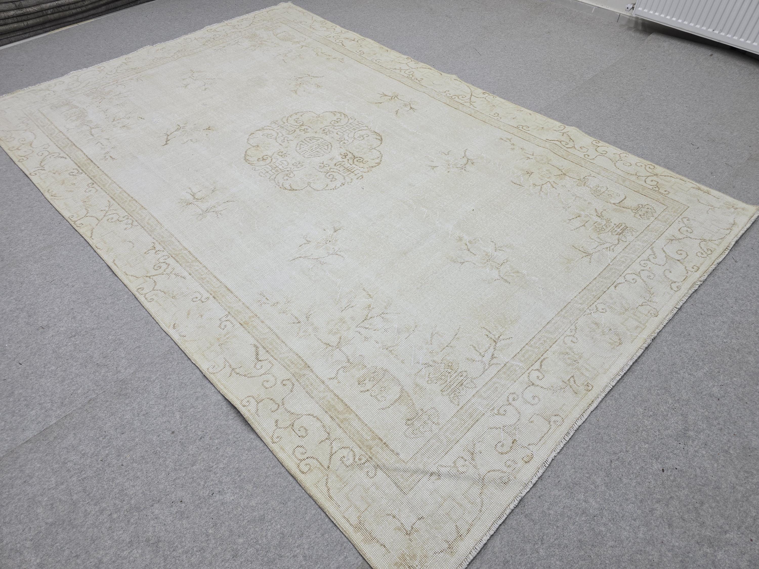 Turkish Rug 6x10, Ivory Oushak Medallion Carpet, Muted Cream Beige Handknotted Wool Area Rug for Living Room Dining Room