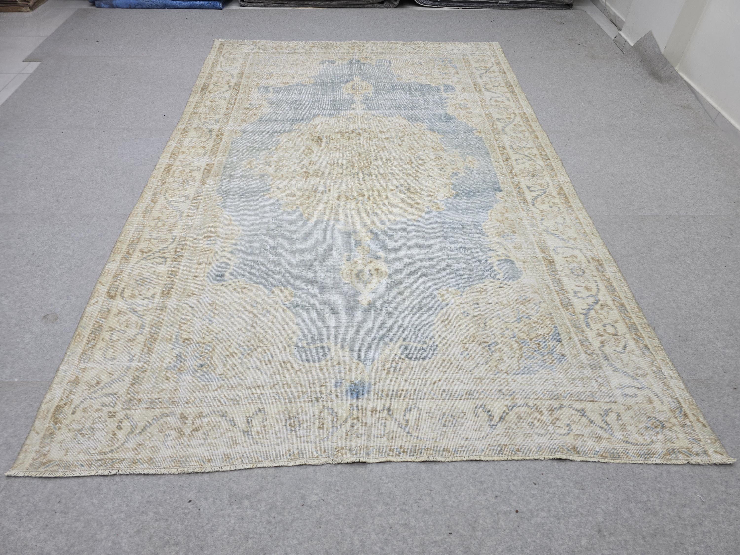 Oushak Rug 7x10, Blue Beige Medallion Antique Turkish Carpet, Faded Muted Handknotted Wool Rug for Living Room Office