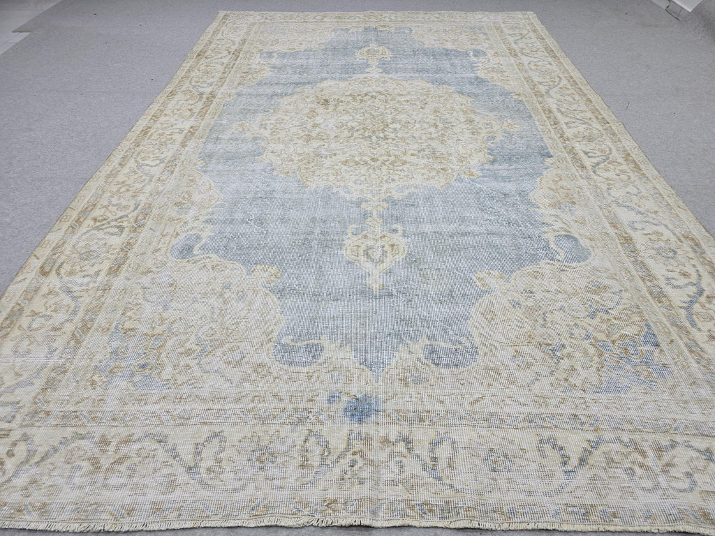 Oushak Rug 7x10, Blue Beige Medallion Antique Turkish Carpet, Faded Muted Handknotted Wool Rug for Living Room Office