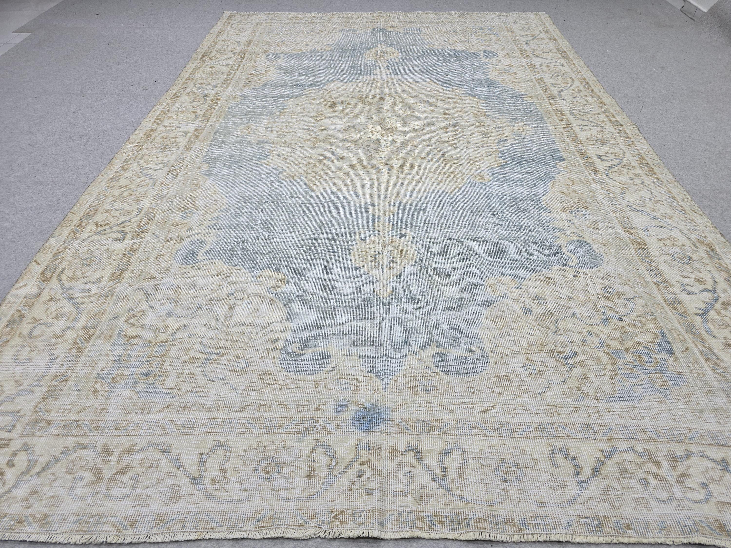Oushak Rug 7x10, Blue Beige Medallion Antique Turkish Carpet, Faded Muted Handknotted Wool Rug for Living Room Office