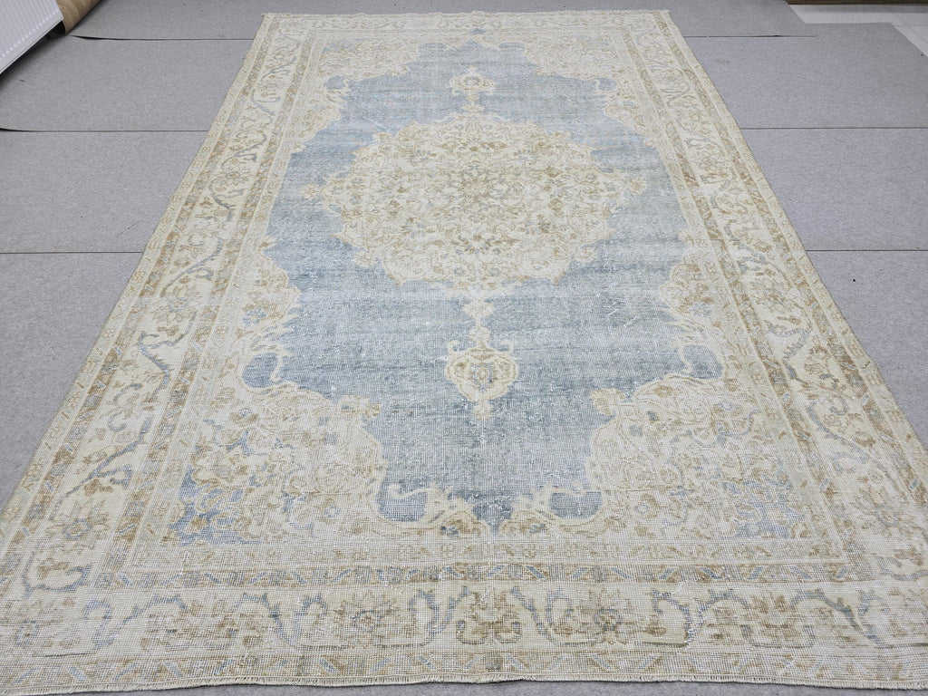 Oushak Rug 7x10, Blue Beige Medallion Antique Turkish Carpet, Faded Muted Handknotted Wool Rug for Living Room Office