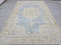 Oushak Rug 7x10, Blue Beige Medallion Antique Turkish Carpet, Faded Muted Handknotted Wool Rug for Living Room Office