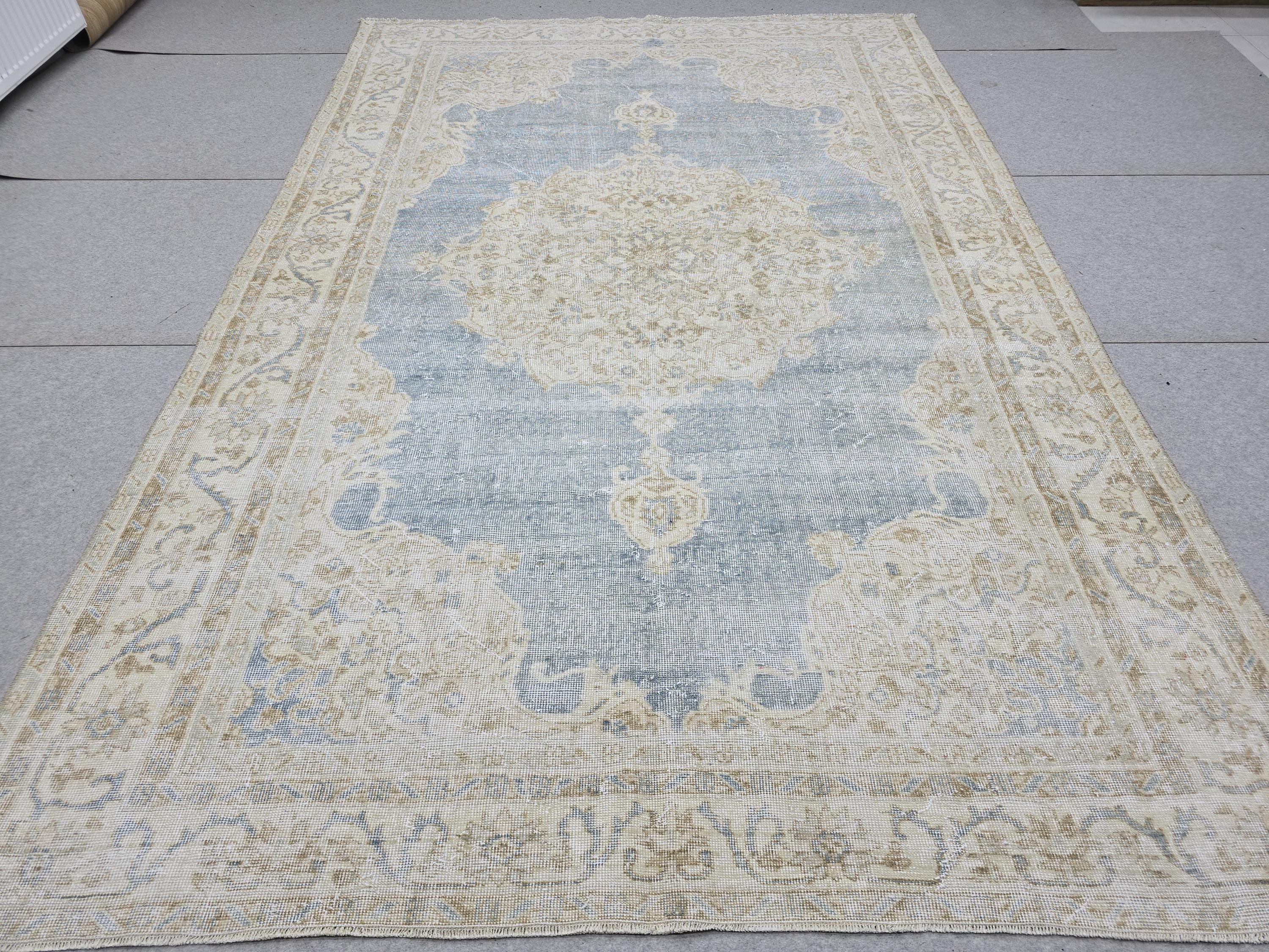 Oushak Rug 7x10, Blue Beige Medallion Antique Turkish Carpet, Faded Muted Handknotted Wool Rug for Living Room Office