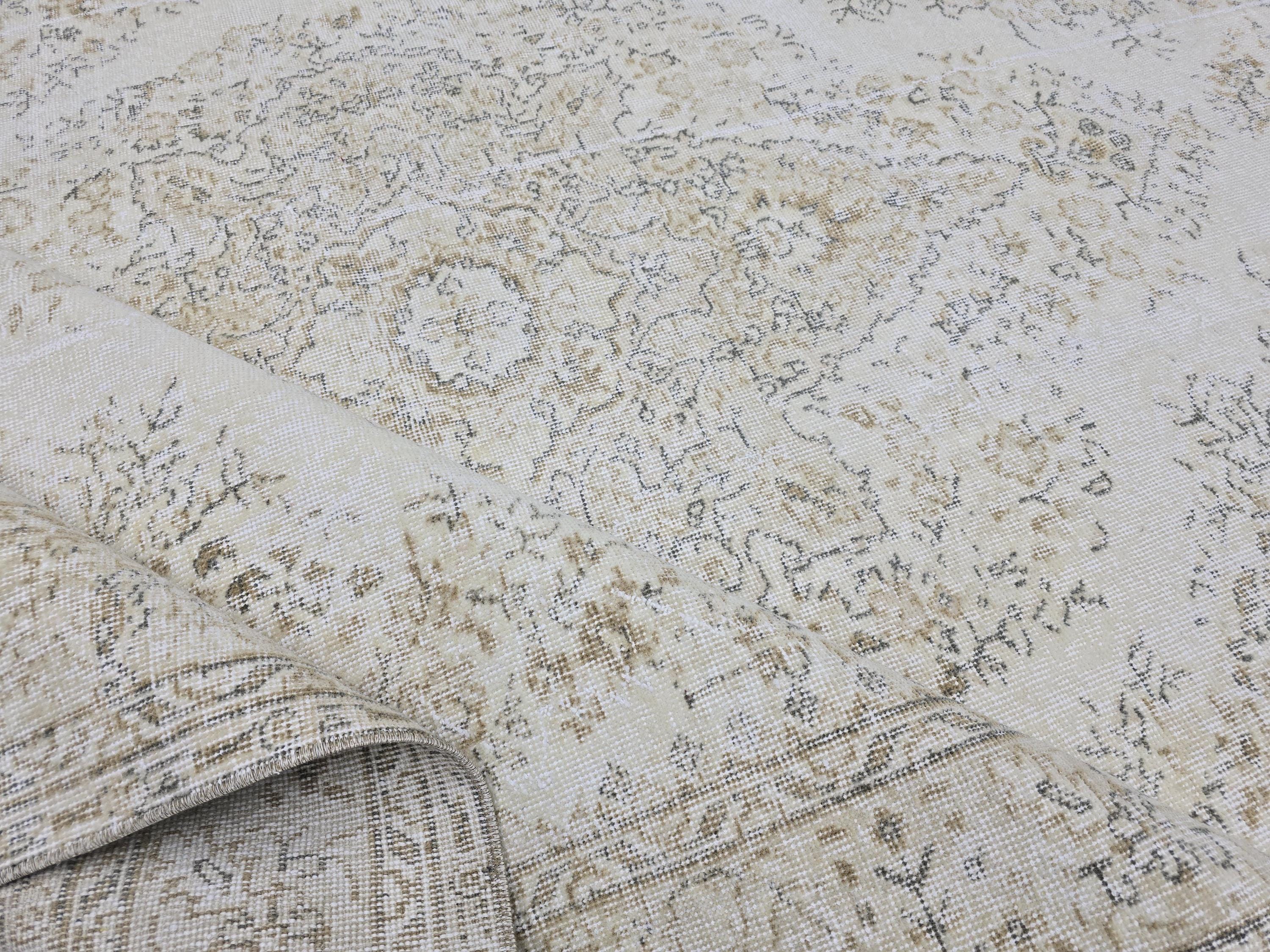 Turkish Rug 7x10, Cream Ivory Faded Medallion Carpet, Neutral Beige Distressed Handknotted Wool Rug for Dining Room Office