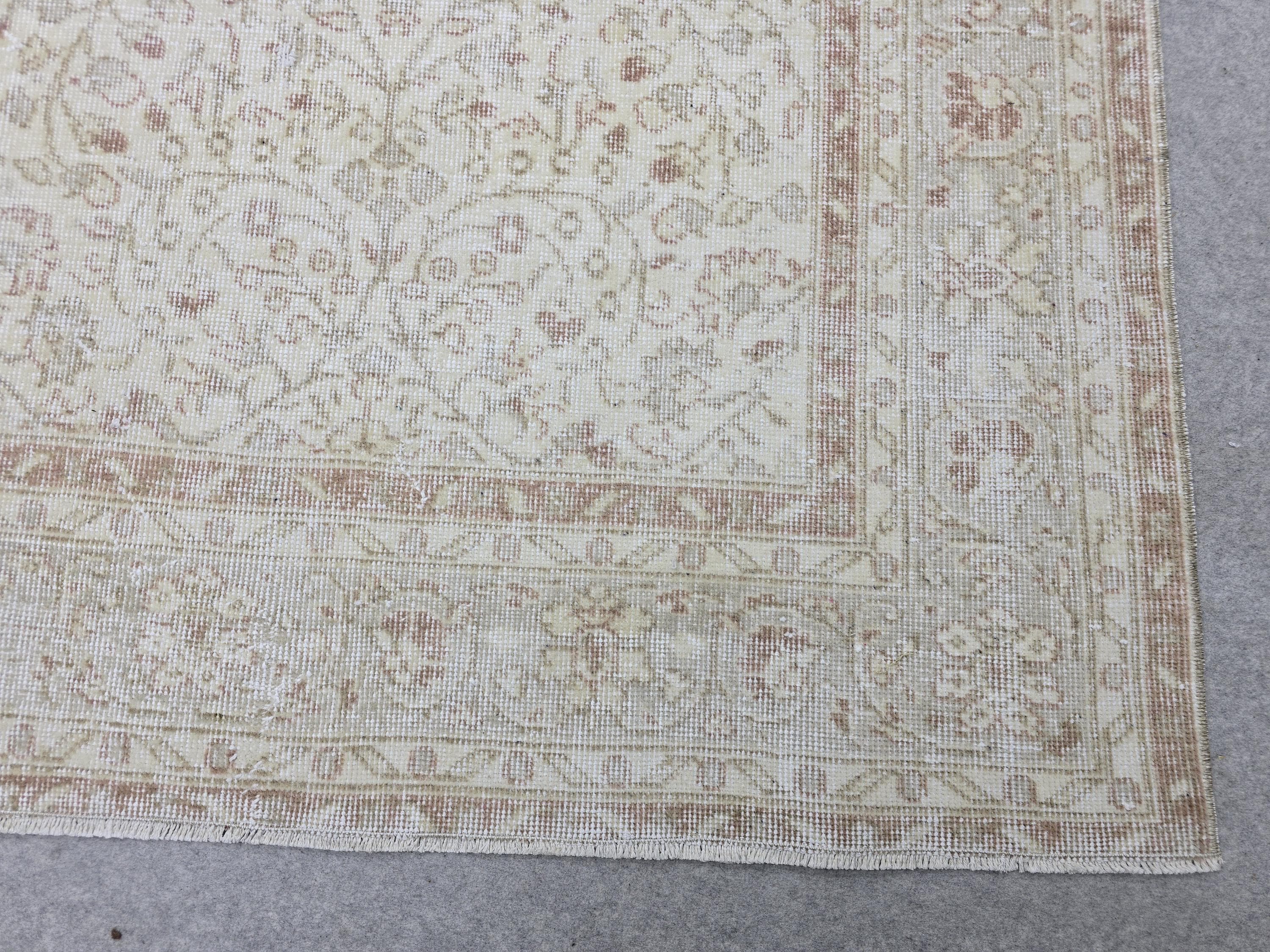 Oushak Rug 7x10, Cream Terracotta Floral Turkish Carpet, Muted Rust Beige Handknotted Wool Area Rug for Dining Room Living Room