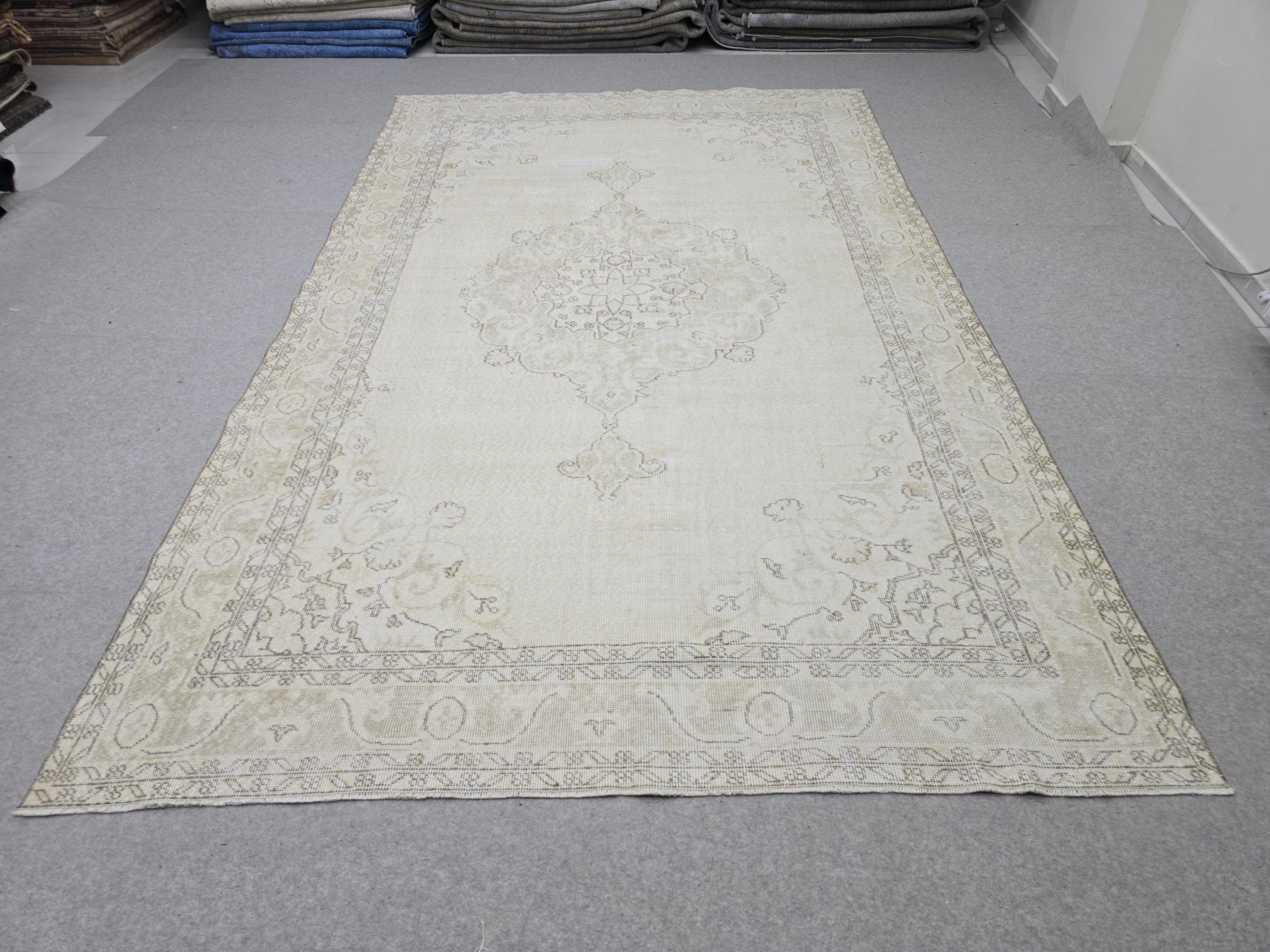 7x11 Oushak Rug Neutral Cream Beige, Vintage Turkish Area Rug for Living Room, Muted Faded Medallion Carpet for Bedroom Farmhouse Decor
