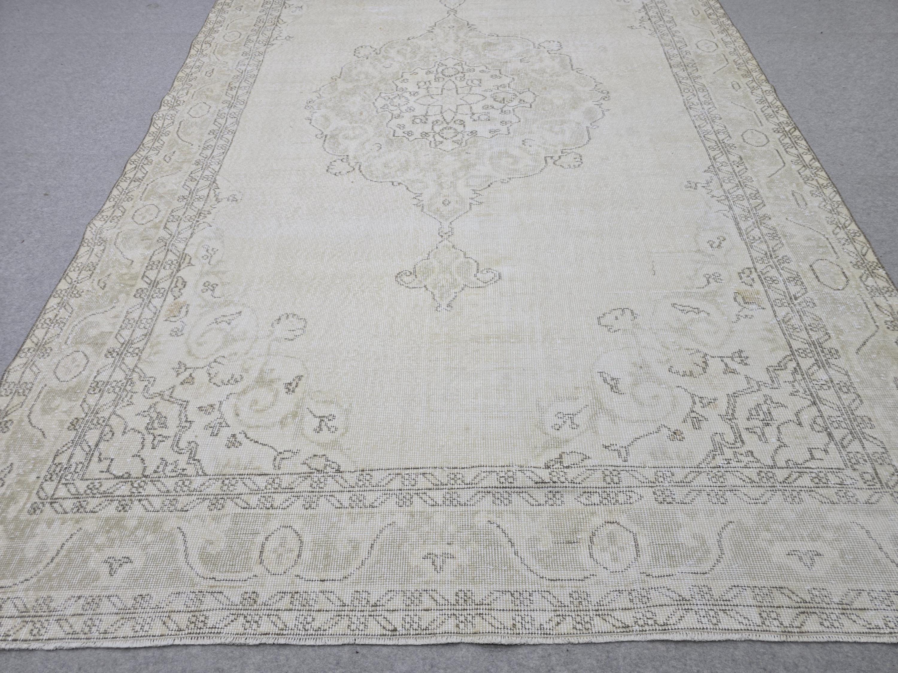 7x11 Oushak Rug Neutral Cream Beige, Vintage Turkish Area Rug for Living Room, Muted Faded Medallion Carpet for Bedroom Farmhouse Decor
