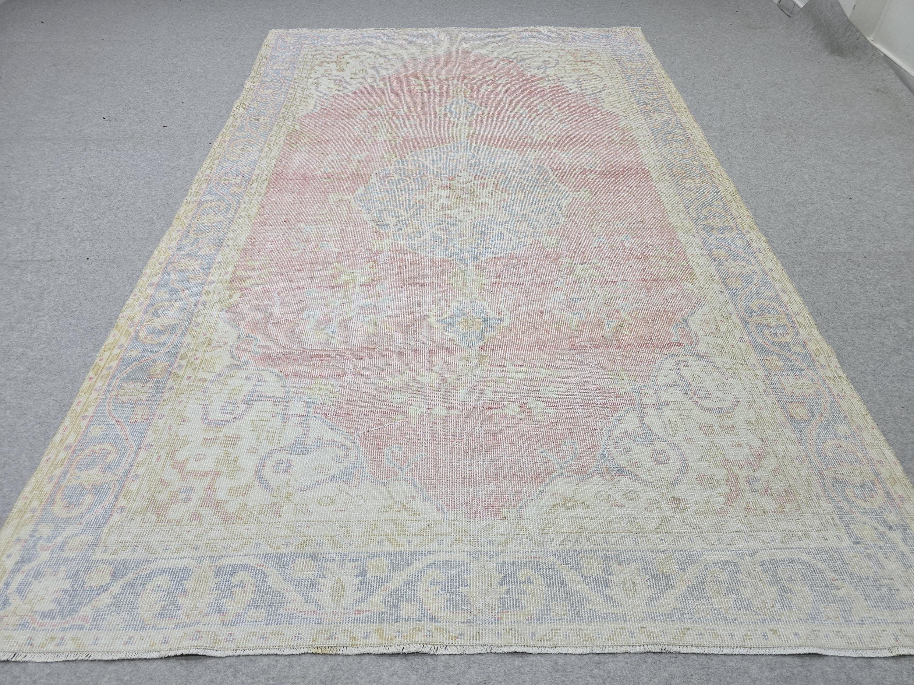 Persian Style Rug 6x9, Pink Blue Medallion Vintage Carpet, Faded Rose Pastel Handknotted Wool Area Rug for Bedroom Nursery