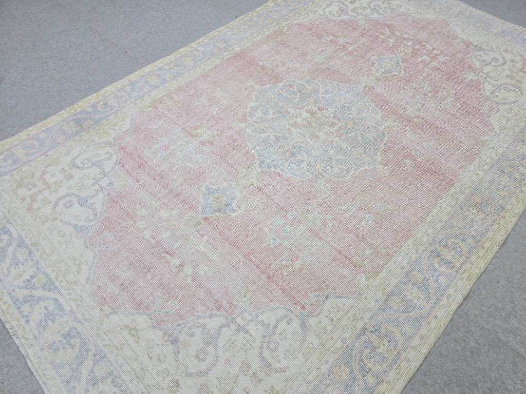 Vintage Anatolian Style Wool Rug 6x9, Pink Blue Medallion