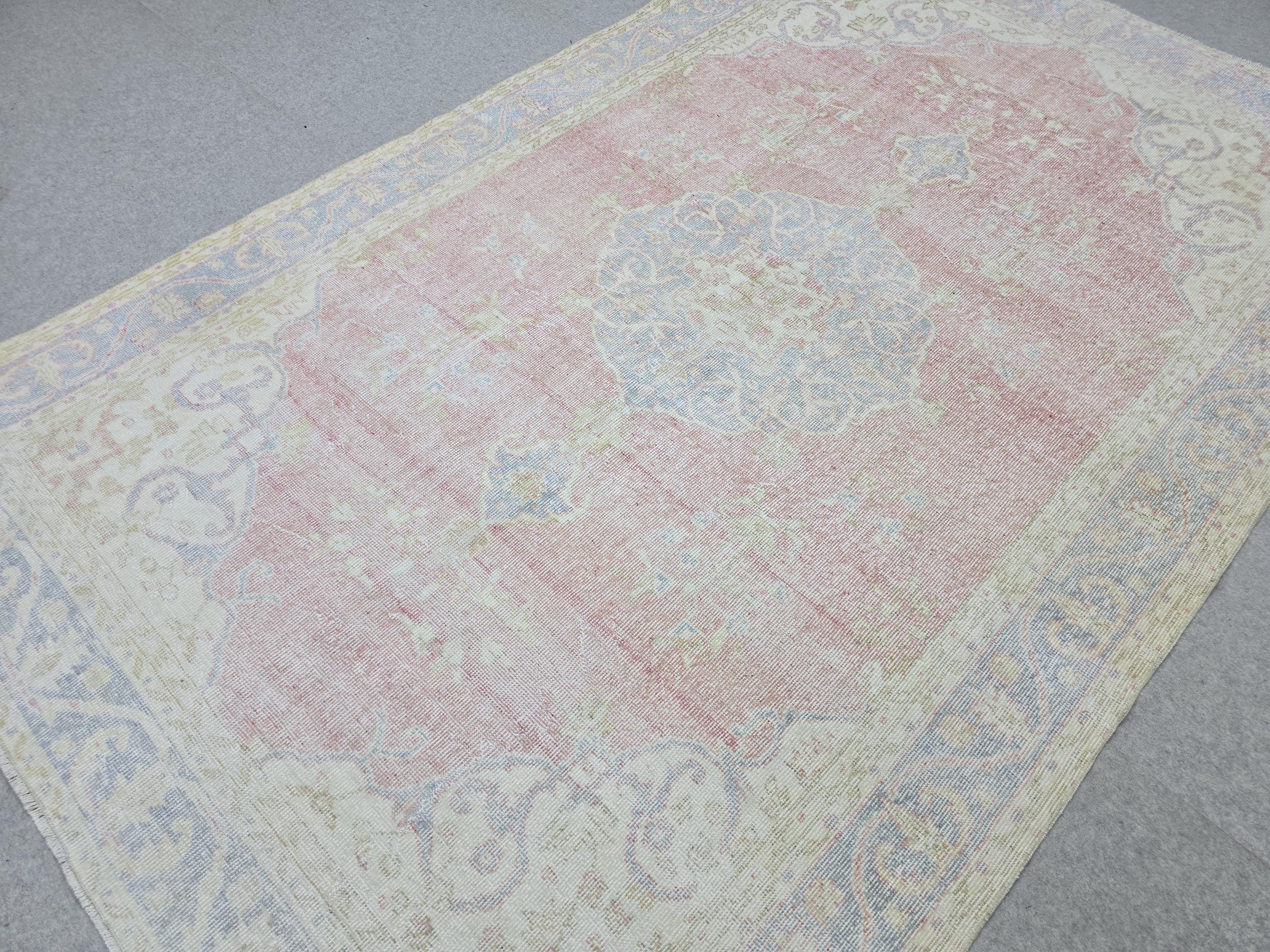 Persian Style Rug 6x9, Pink Blue Medallion Vintage Carpet, Faded Rose Pastel Handknotted Wool Area Rug for Bedroom Nursery