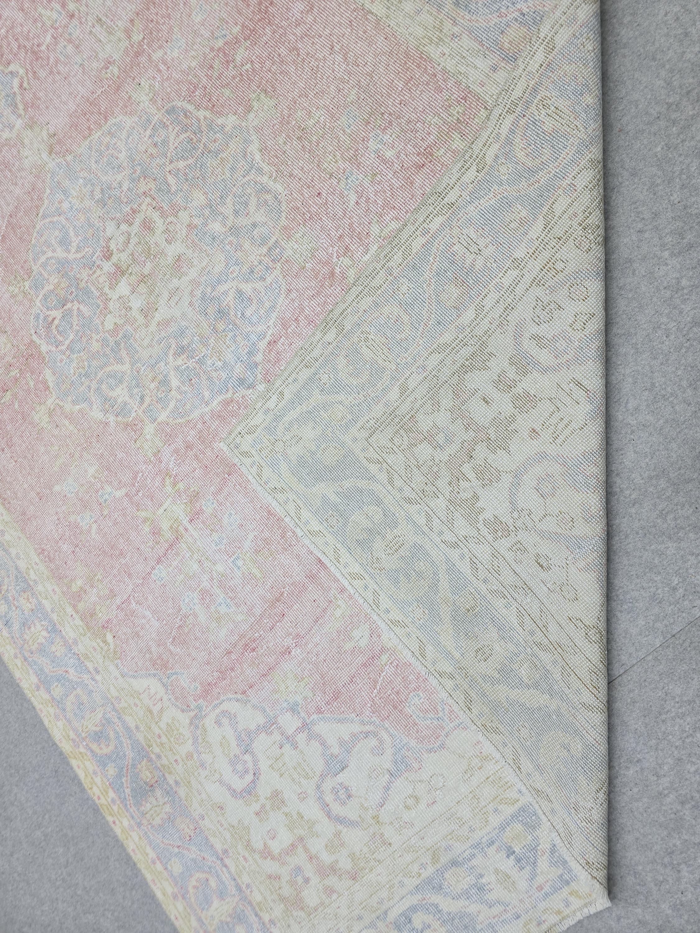 Persian Style Rug 6x9, Pink Blue Medallion Vintage Carpet, Faded Rose Pastel Handknotted Wool Area Rug for Bedroom Nursery