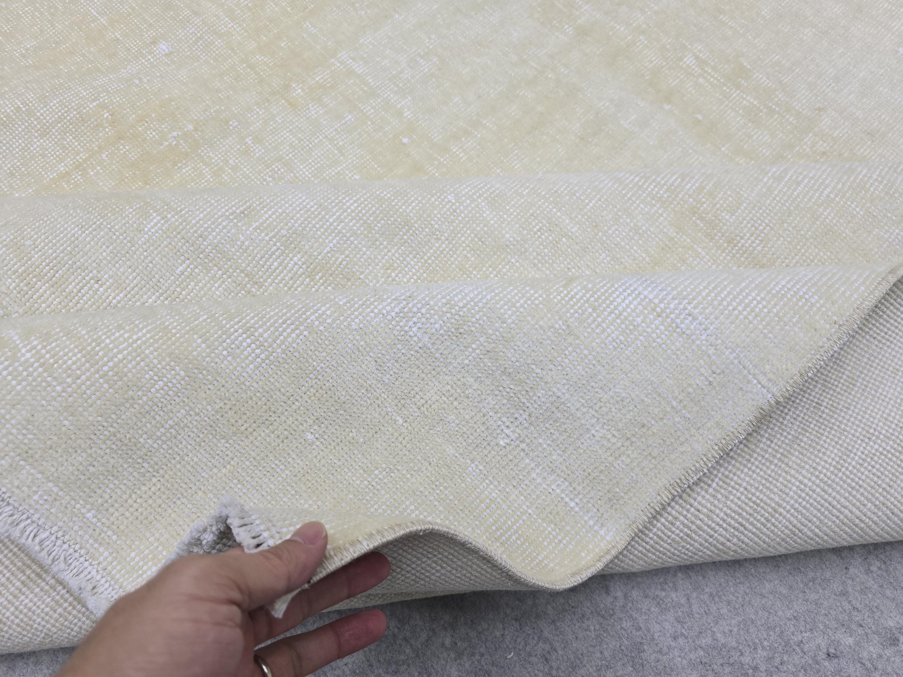 Hand-Knotted Wool Oushak Rug 7x10: Cream Beige Vintage Turkish Rug