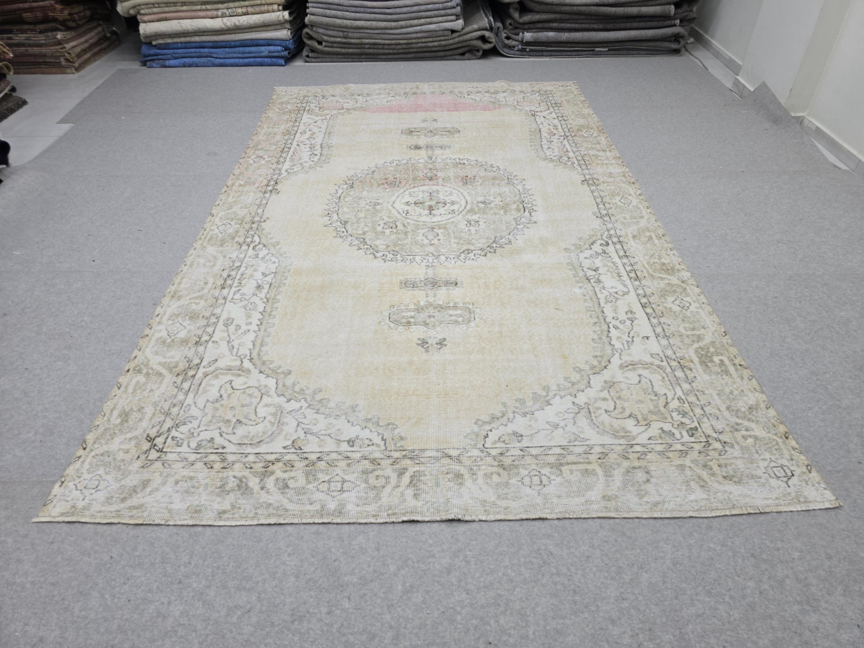 Oushak Rug 7x10, Neutral Beige Turkish Wool Carpet, Vintage Hand Knotted Area Rug for Living Room, Muted Medallion Isparta, Farmhouse Decor