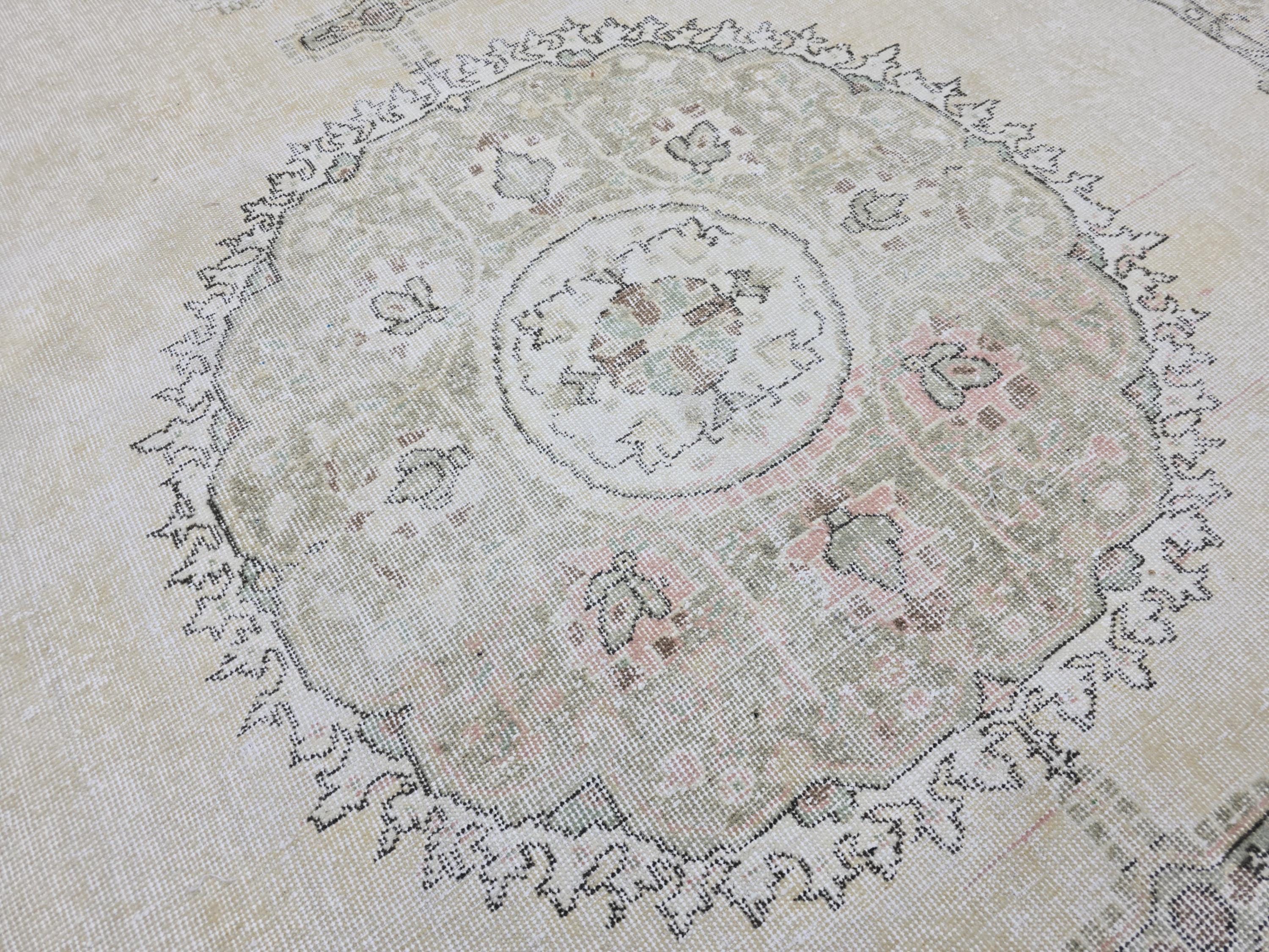 Oushak Rug 7x10, Neutral Beige Turkish Wool Carpet, Vintage Hand Knotted Area Rug for Living Room, Muted Medallion Isparta, Farmhouse Decor