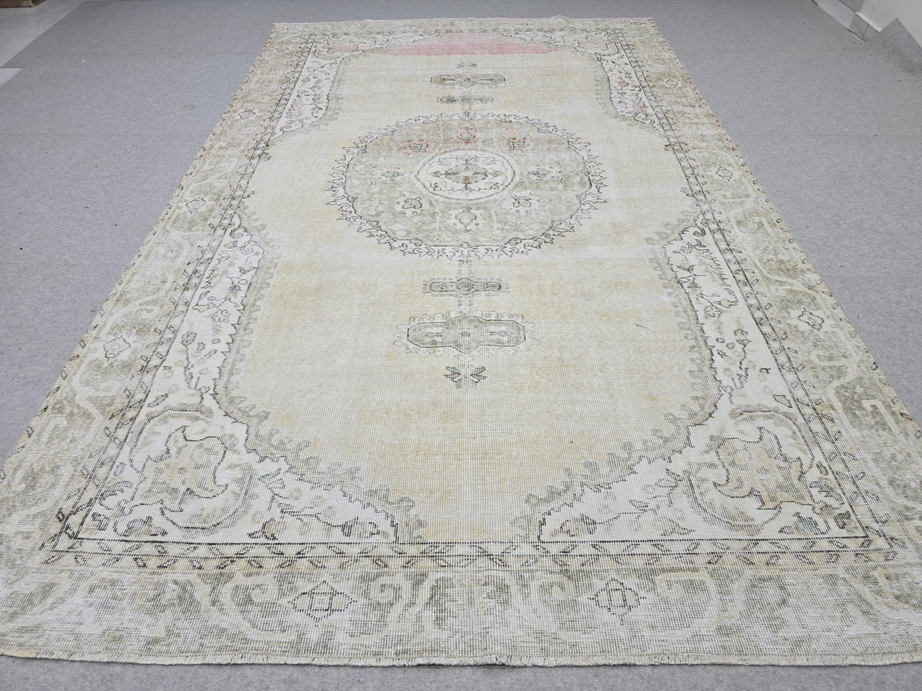 Oushak Rug 7x10, Neutral Beige Turkish Wool Carpet, Vintage Hand Knotted Area Rug for Living Room, Muted Medallion Isparta, Farmhouse Decor