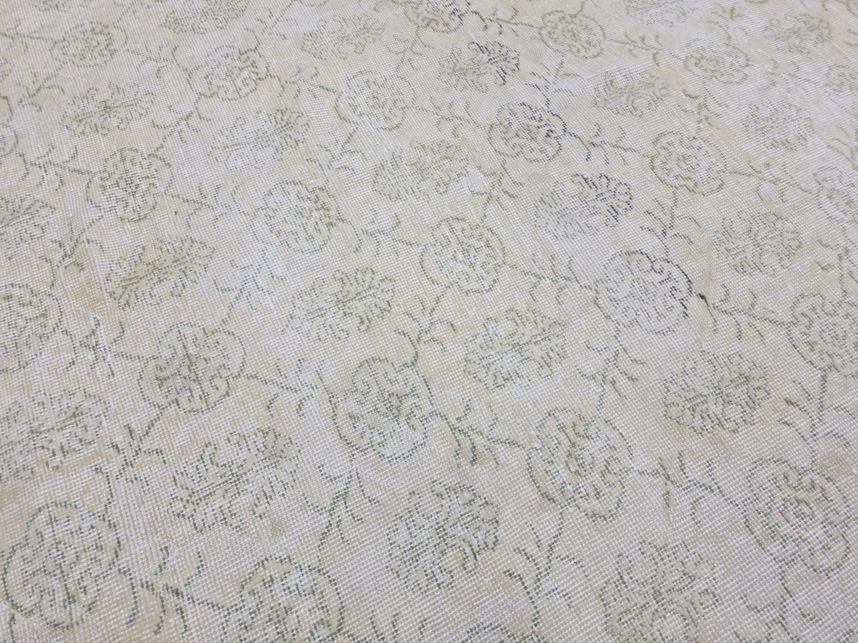 Turkish Rug 7x10, Cream Beige Borderless Floral Carpet, Vintage Hand Knotted Wool Area Rug for Bedroom, Muted Rose Pattern, Minimalist Decor