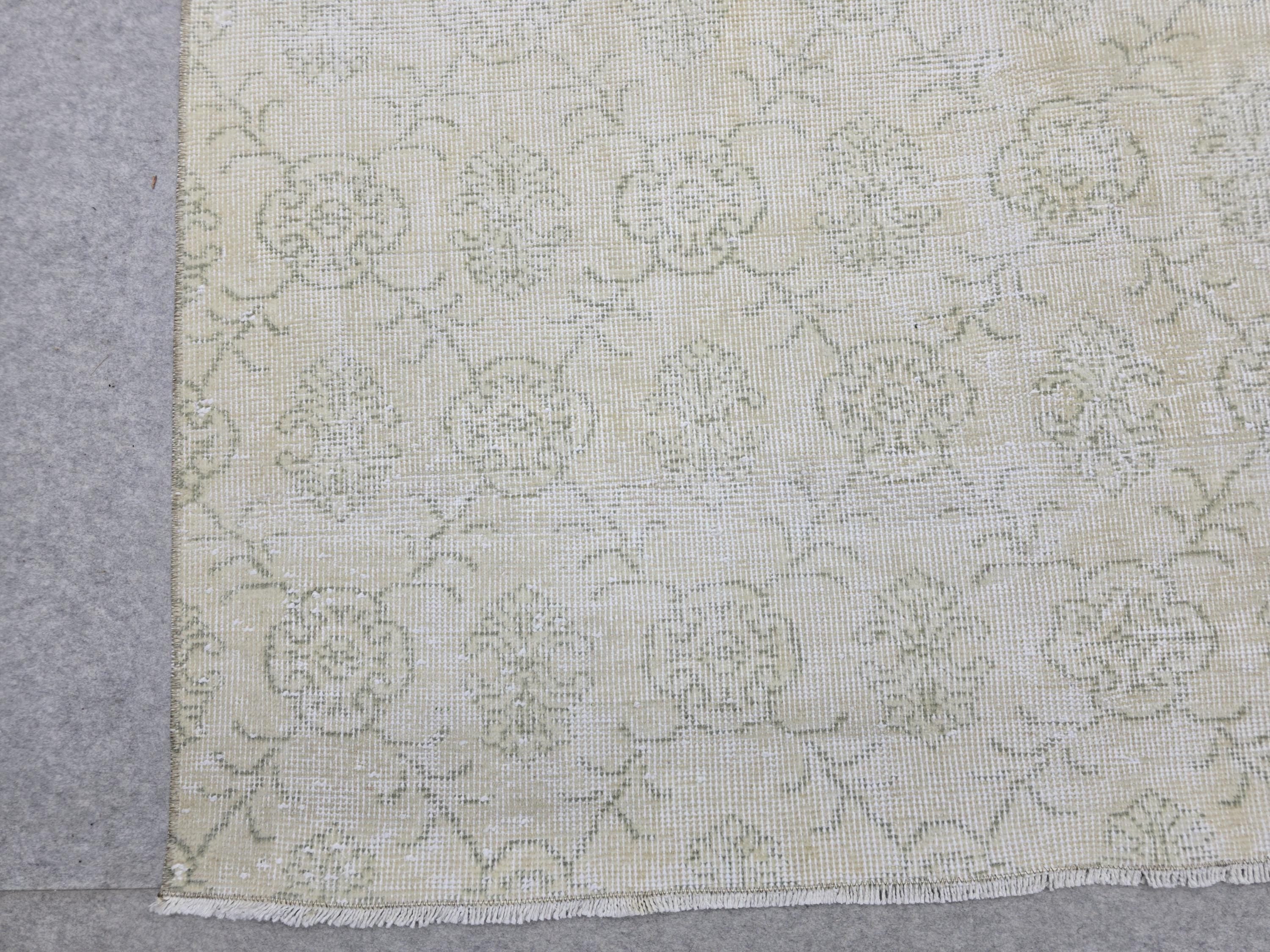 Turkish Rug 7x10, Cream Beige Borderless Floral Carpet, Vintage Hand Knotted Wool Area Rug for Bedroom, Muted Rose Pattern, Minimalist Decor