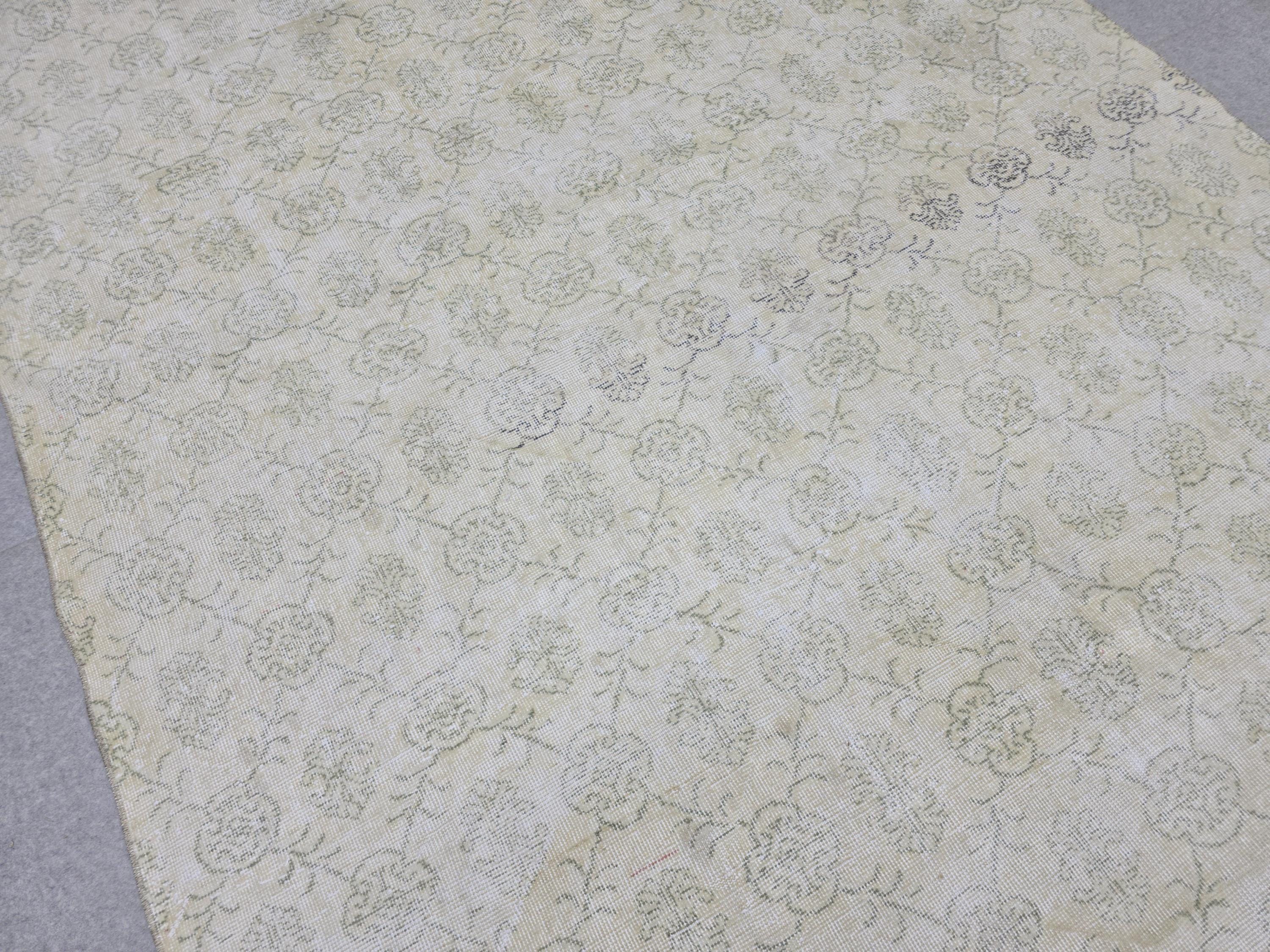 Turkish Rug 7x10, Cream Beige Borderless Floral Carpet, Vintage Hand Knotted Wool Area Rug for Bedroom, Muted Rose Pattern, Minimalist Decor