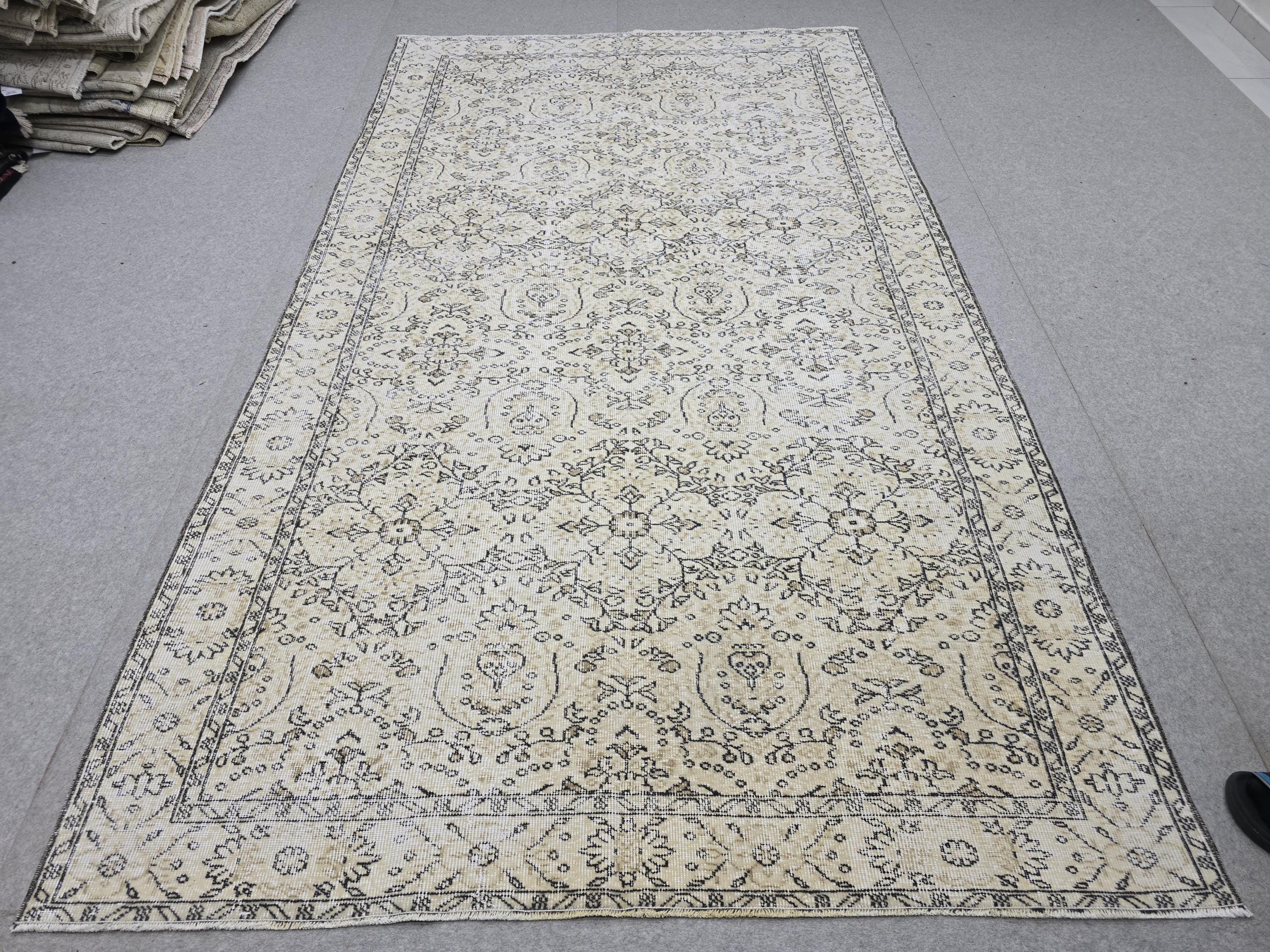 Turkish Rug 6x10, Vintage Wool Area Rug, Cream Beige Floral Carpet for Living Room, Muted Neutral Handknotted Rug