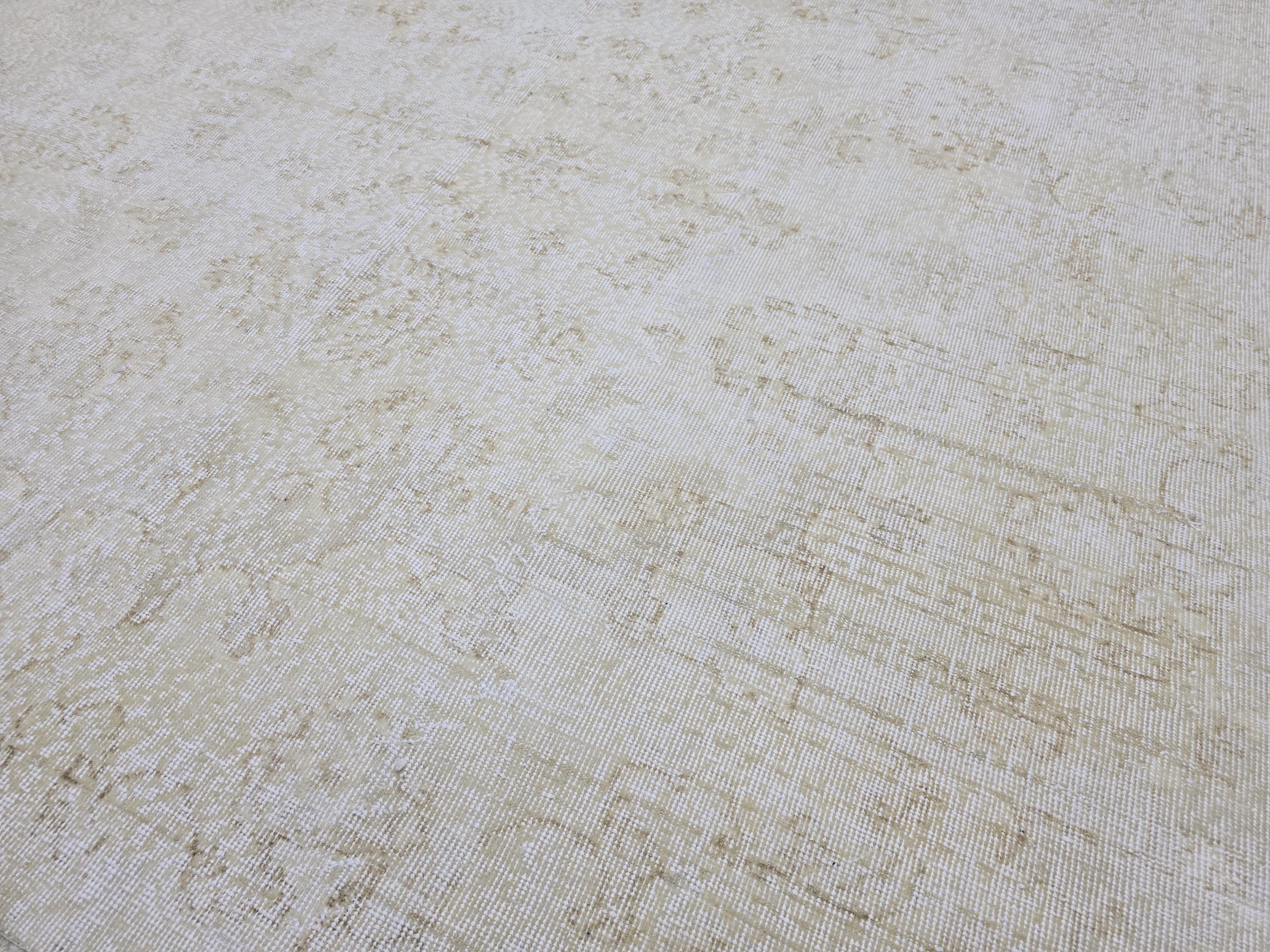 Turkish Rug 7x10, Cream Beige Faded Oushak Carpet, Muted Handknotted Wool Area Rug for Living Room Dining Room