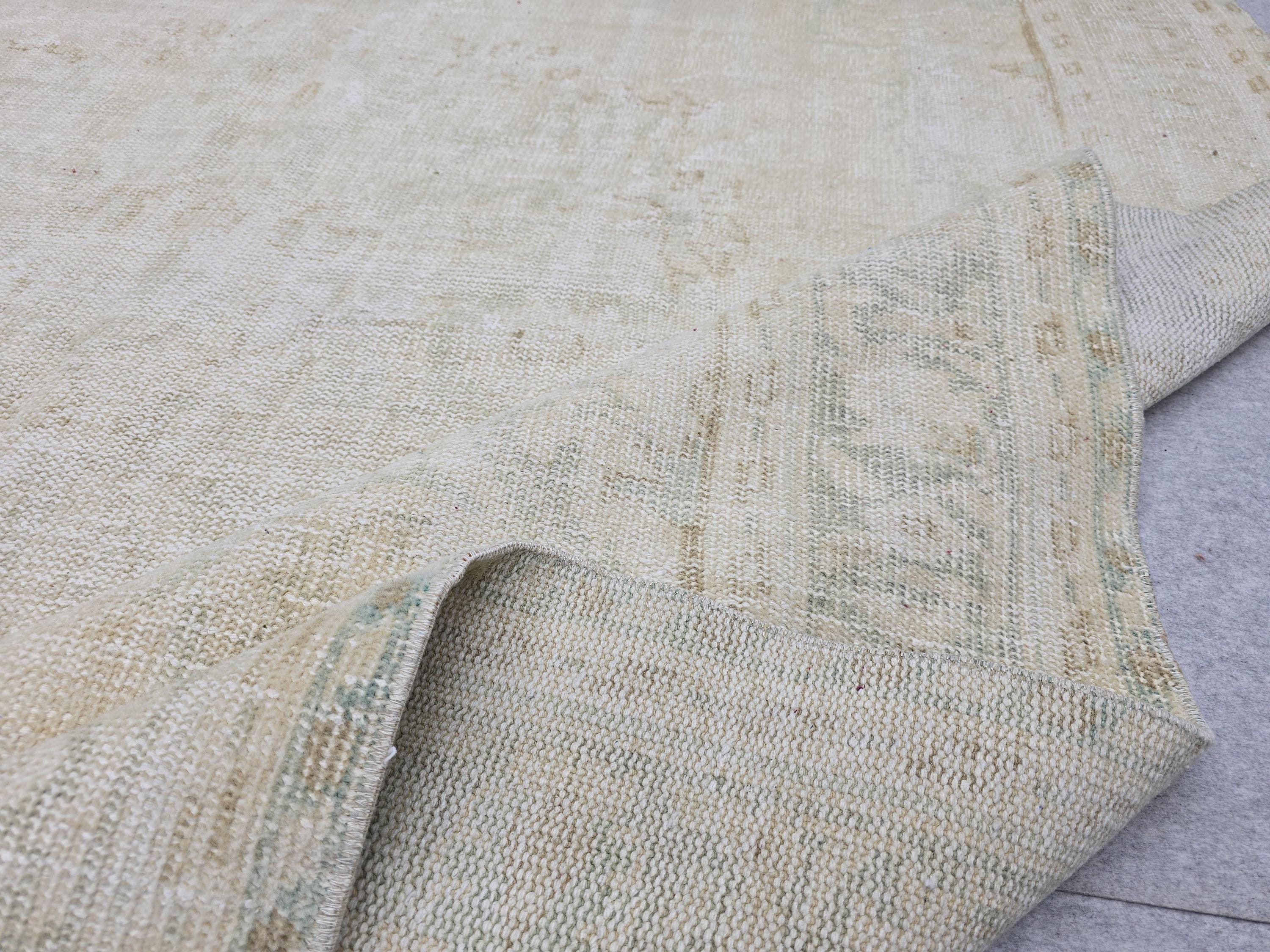 Vintage Rug 7x10, Hand Knotted Wool Oushak Area Rug Large Neutral