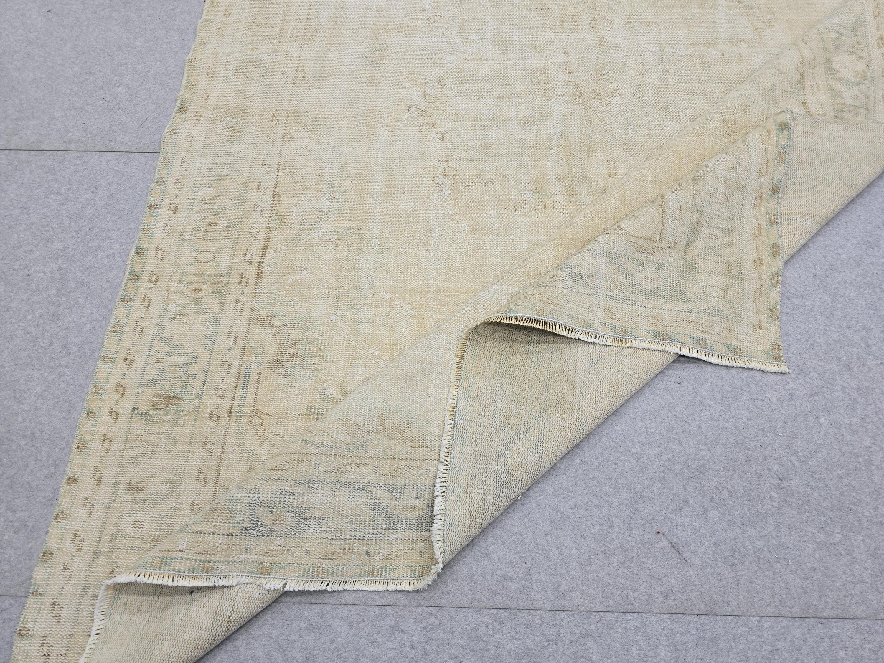 Vintage Rug 7x10, Hand Knotted Wool Oushak Area Rug Large Neutral