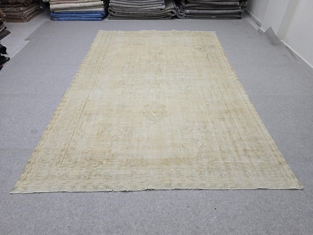 Vintage Rug 7x10, Hand Knotted Wool Oushak Area Rug Large Neutral
